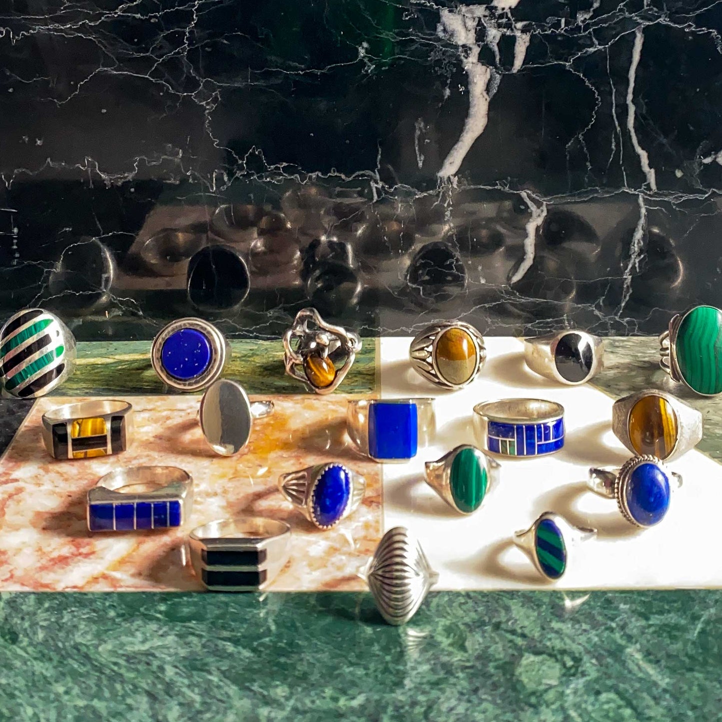 vintage jewelry collection of lapis, malachite, silver, tigers eye, post modern rings