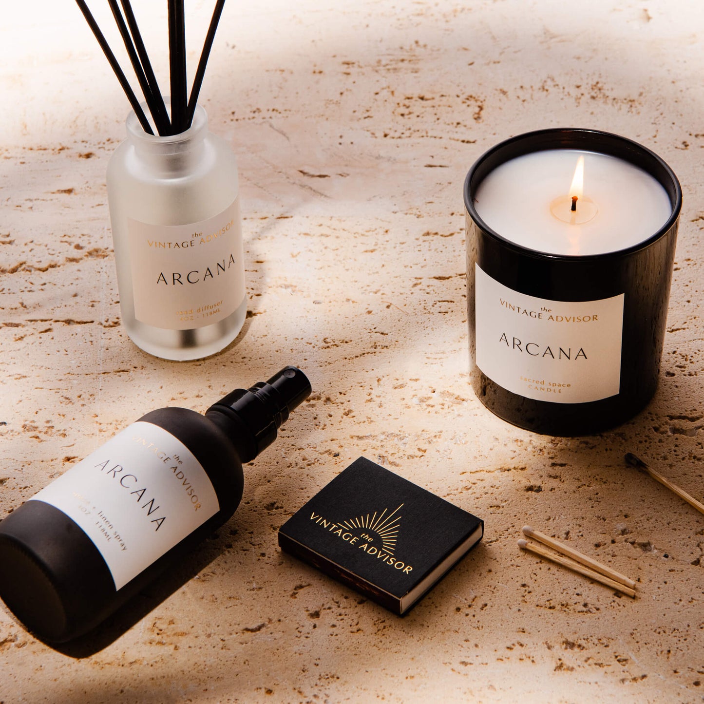 Arcana Home Fragrance Trio - Candle - Room Spray - Reed Diffuser