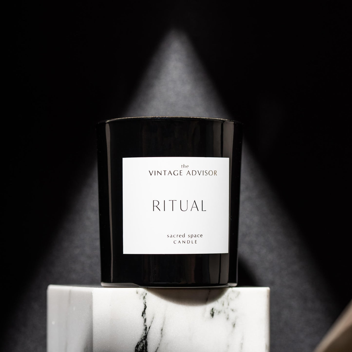 Ritual hand-poured natural wax scented candle in glass container with premium packaging box, luxury home fragrance