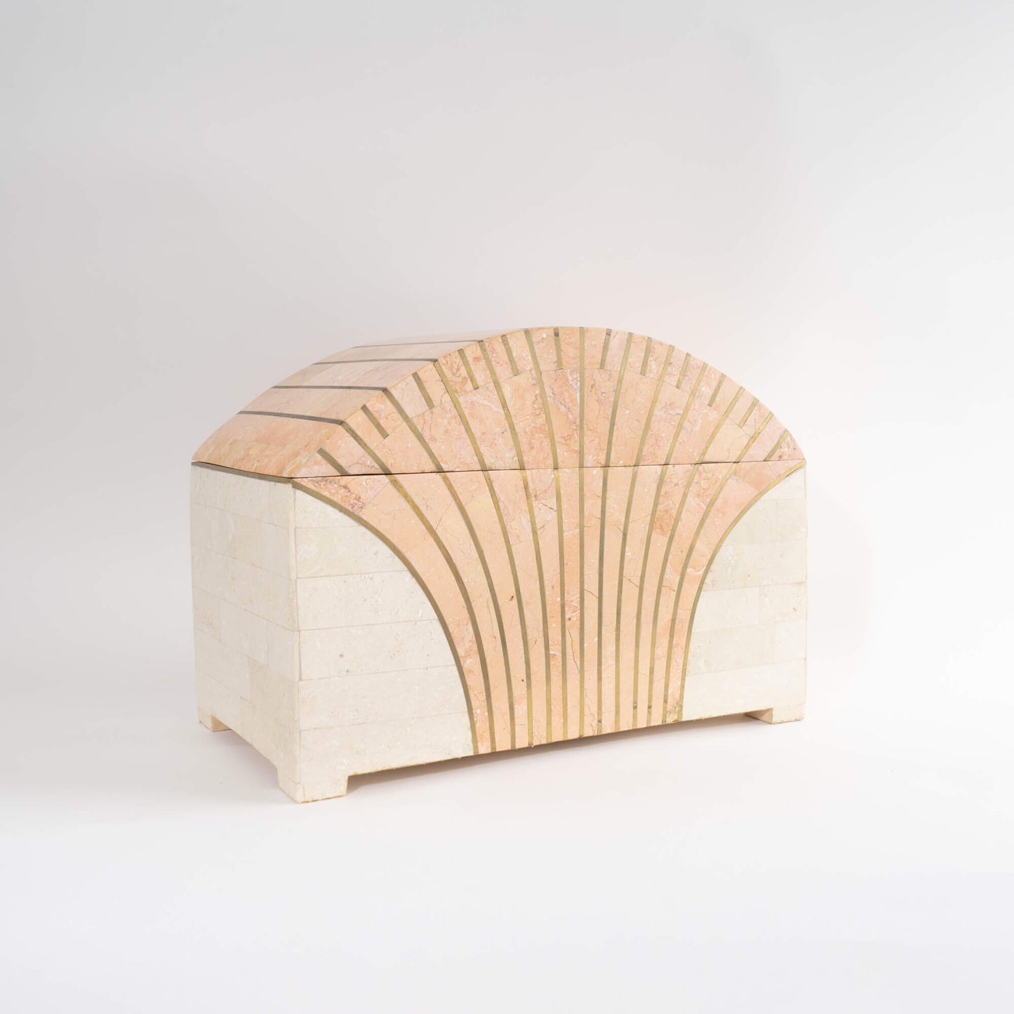 Vintage Maitland Smith Tessellated Stone Brass Inlay Treasure Chest Jewelry Box with peach, blush and tan hues. Sunray brass pattern.