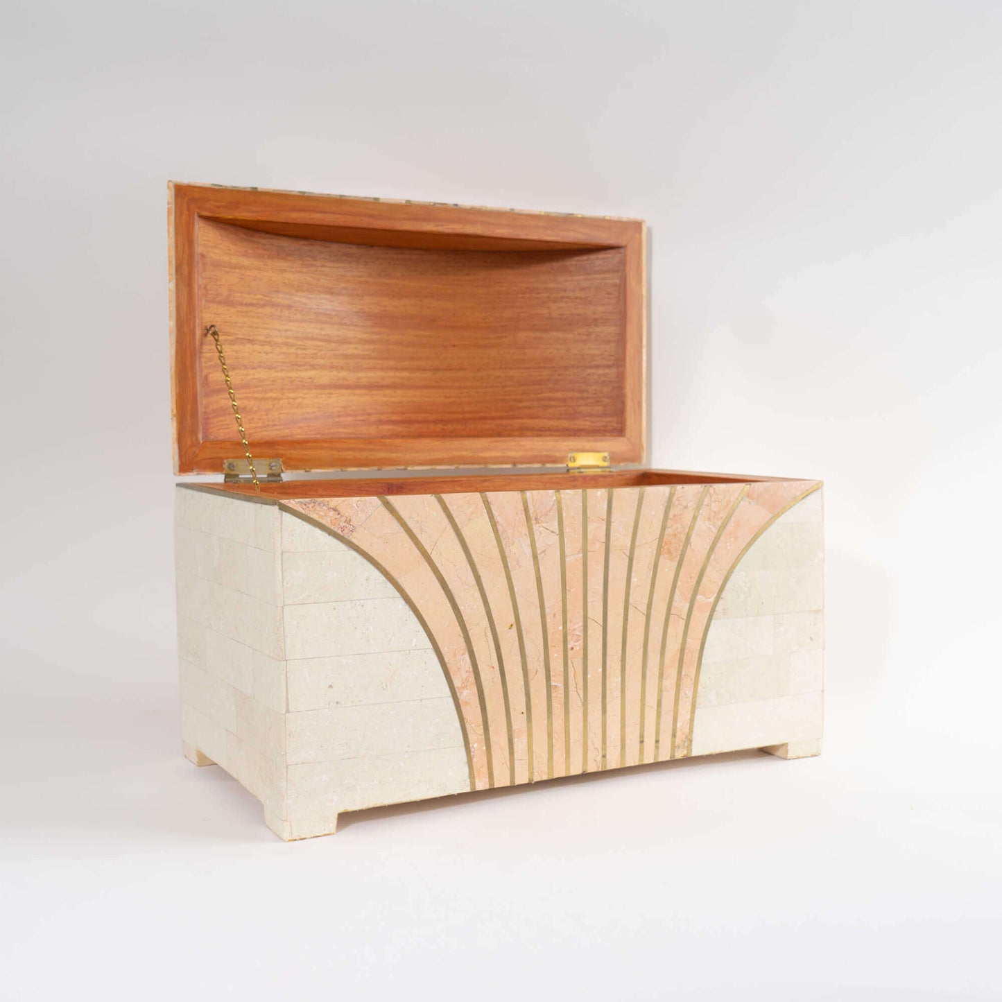 Vintage Maitland Smith Tessellated Stone Brass Inlay Treasure Chest Jewelry Box with peach, blush and tan hues. Sunray brass pattern.