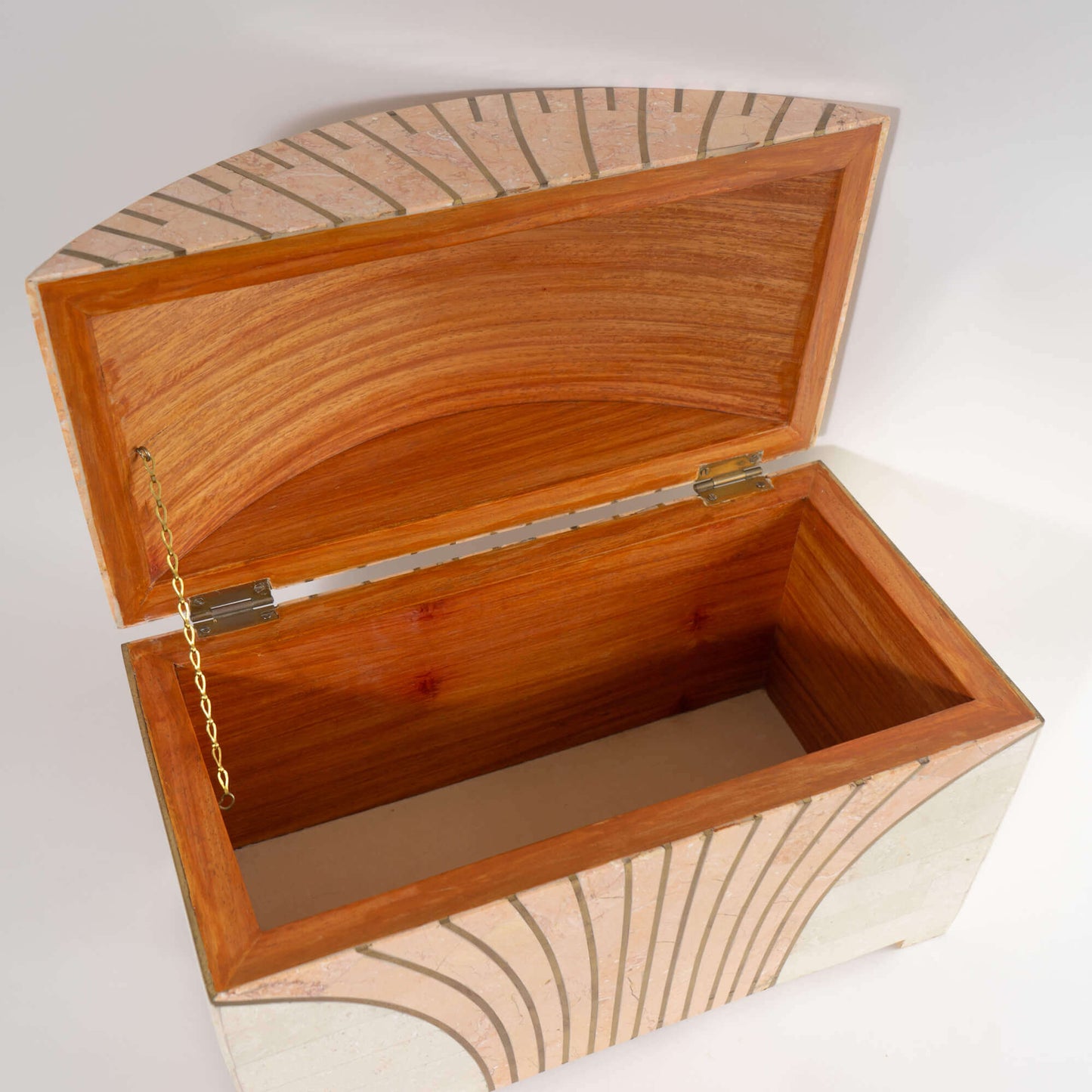 Vintage Maitland Smith Tessellated Stone Brass Inlay Treasure Chest Jewelry Box with peach, blush and tan hues. Sunray brass pattern.