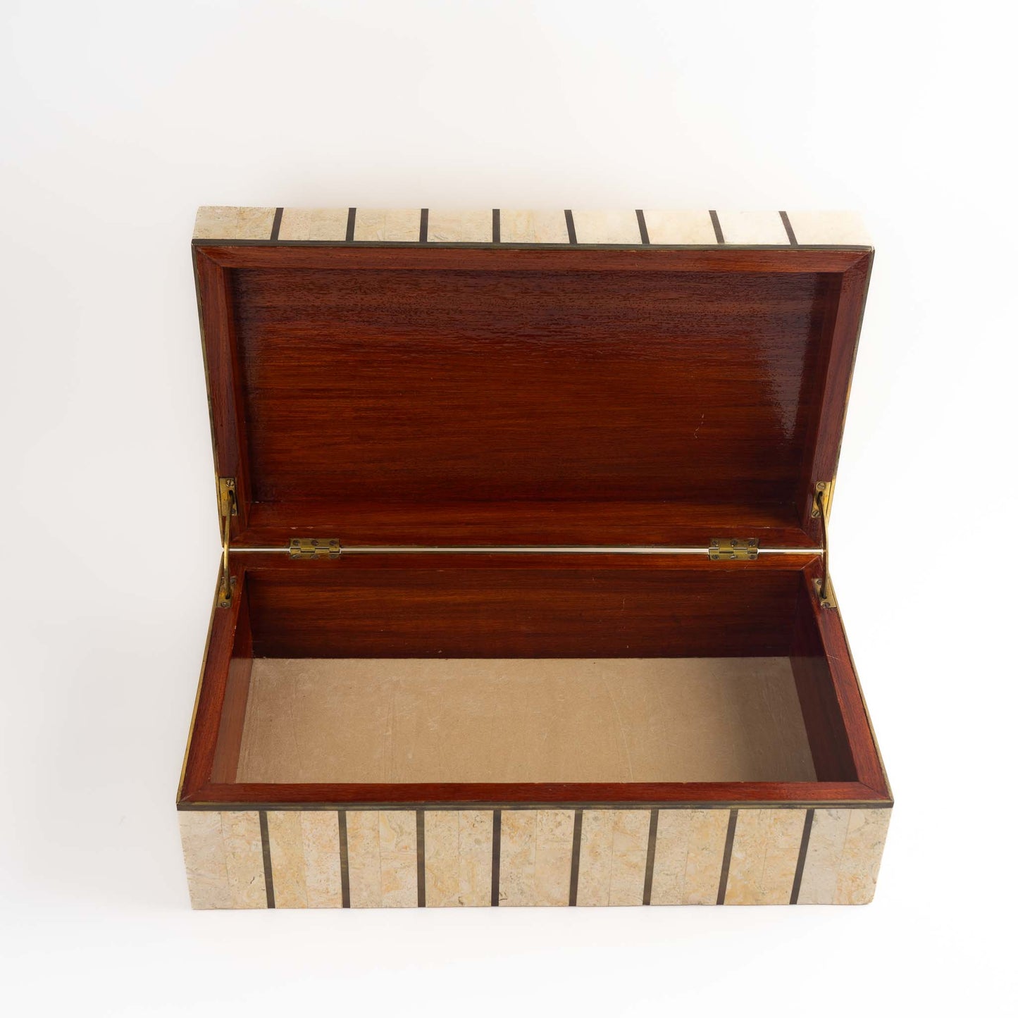 Vintage Maitland Smith tessellated stone jewelry box with brass inlay detailing and hinged lid interior view