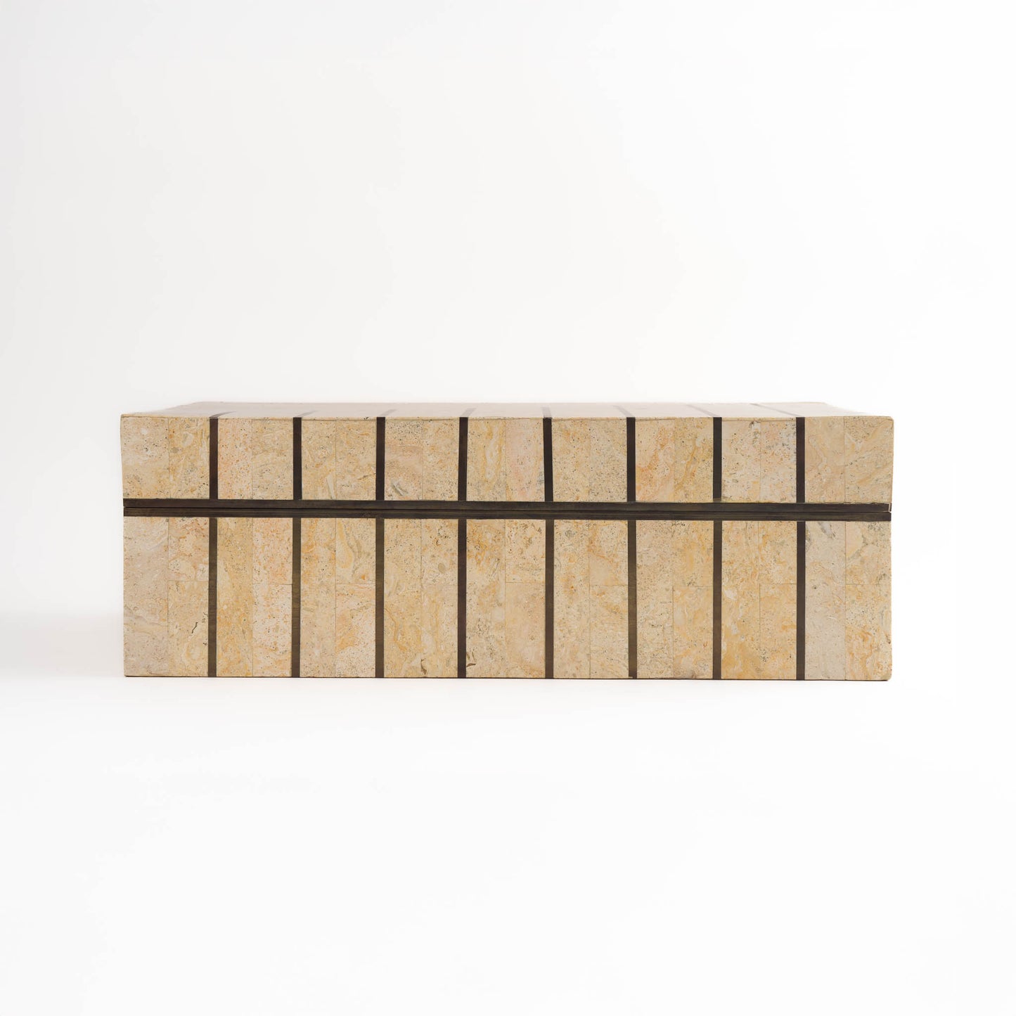 Vintage Maitland Smith tessellated stone jewelry box with brass inlay detailing and hinged lid, showing natural stone pattern and craftsmanship