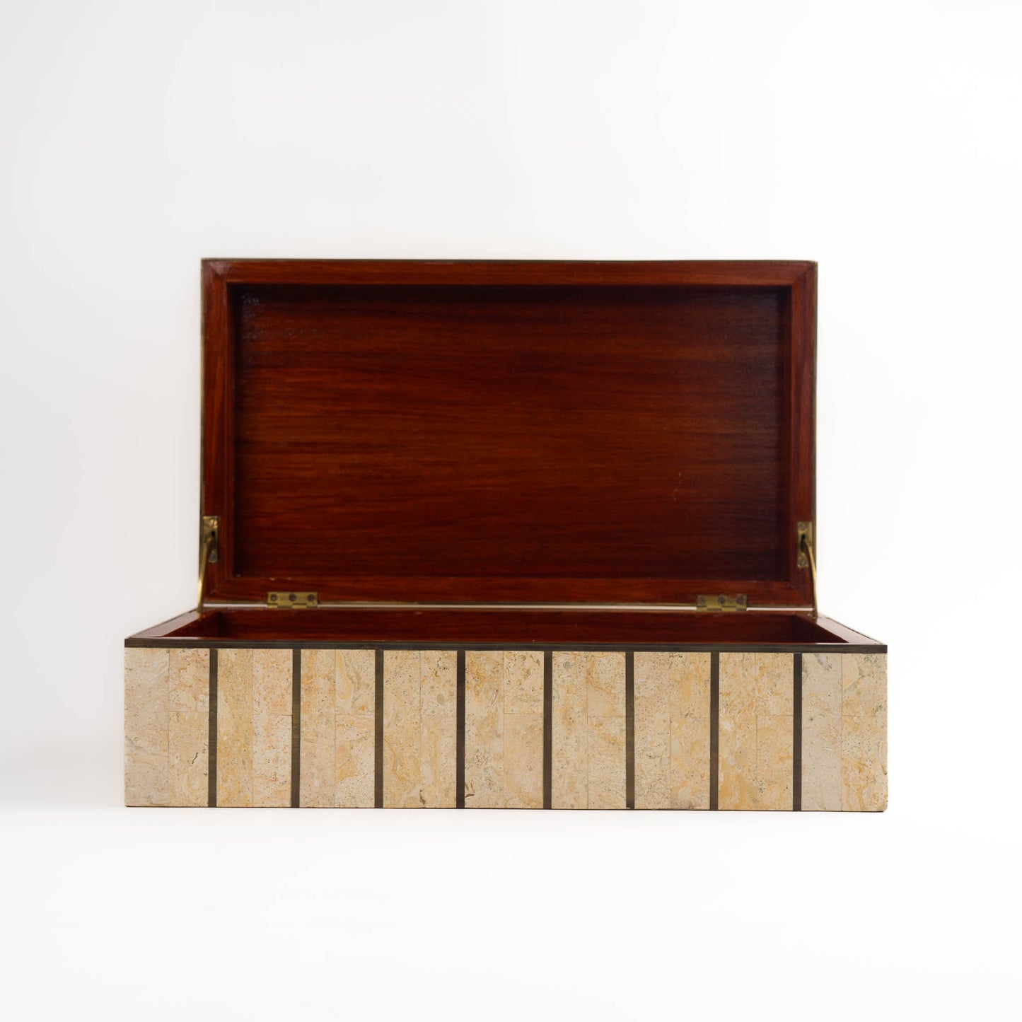 Vintage Maitland Smith tessellated stone jewelry box with brass inlay detailing and hinged lid, showing natural stone pattern and craftsmanship