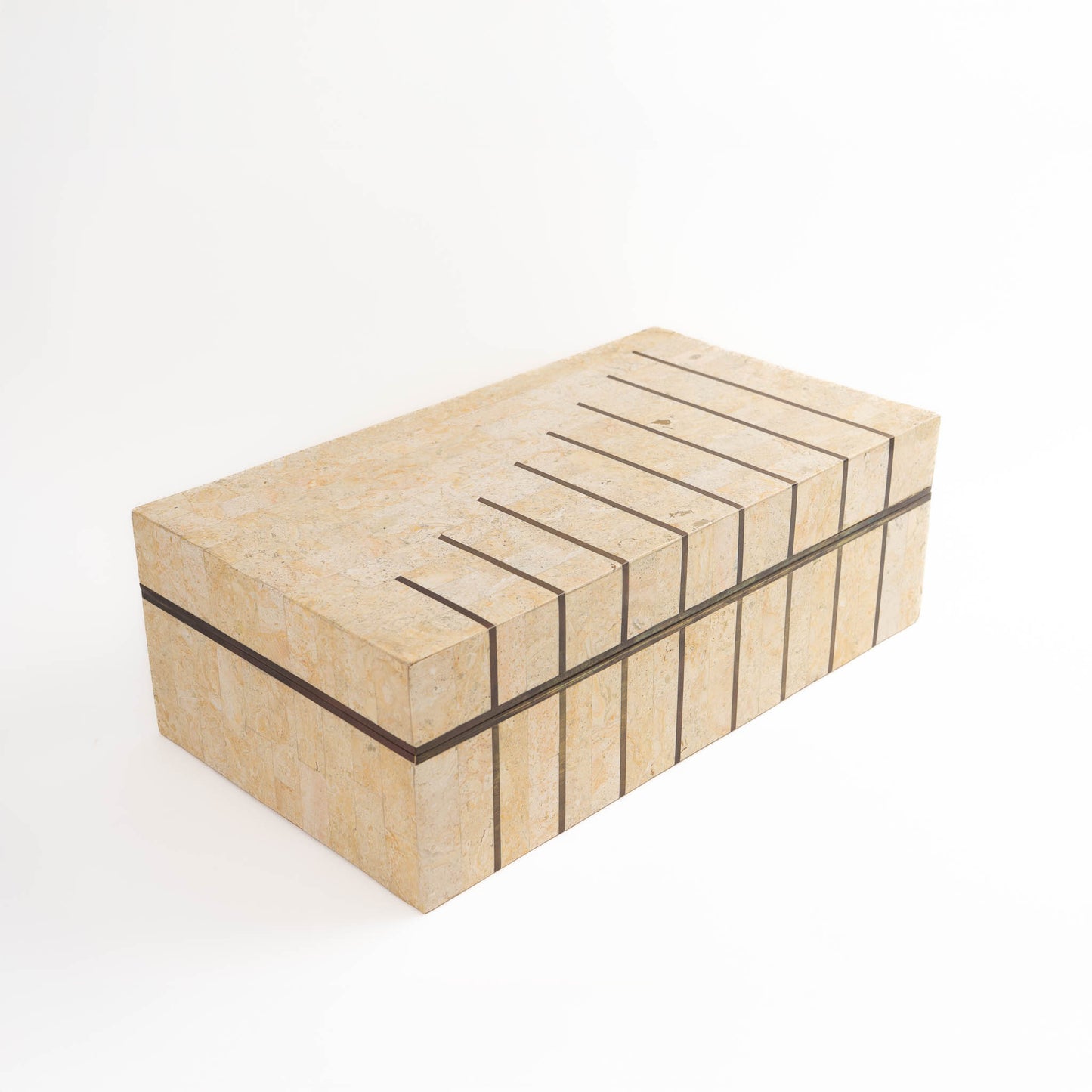 Vintage Maitland Smith tessellated stone jewelry box with brass inlay detailing and hinged lid, showing natural stone pattern and craftsmanship