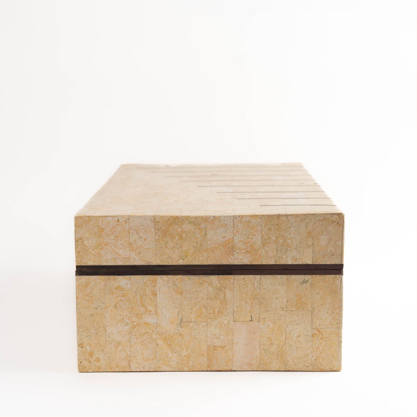 Vintage Maitland Smith tessellated stone jewelry box with brass inlay detailing and hinged lid, showing natural stone pattern and craftsmanship