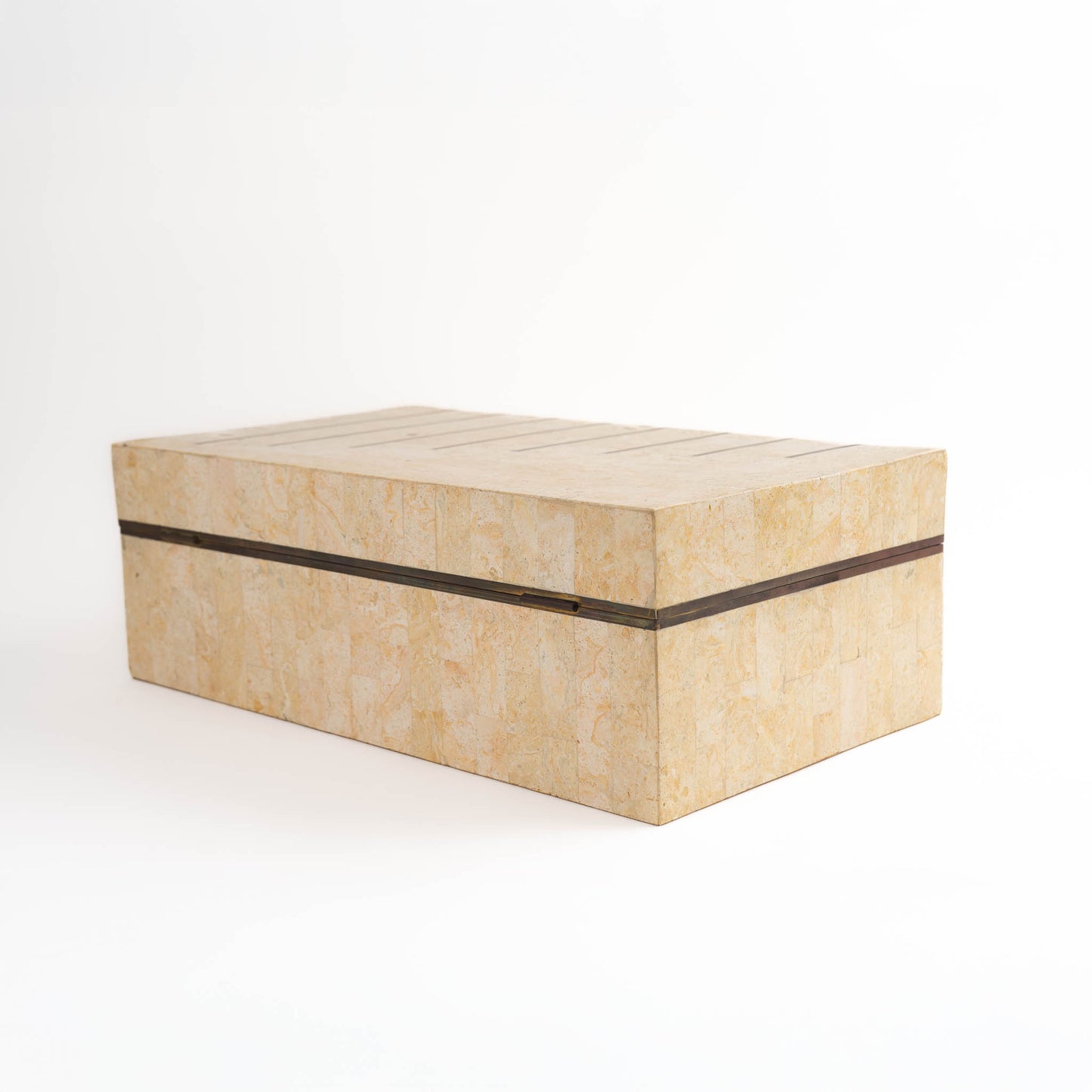 Vintage Maitland Smith tessellated stone jewelry box with brass inlay detailing and hinged lid, showing natural stone pattern and craftsmanship