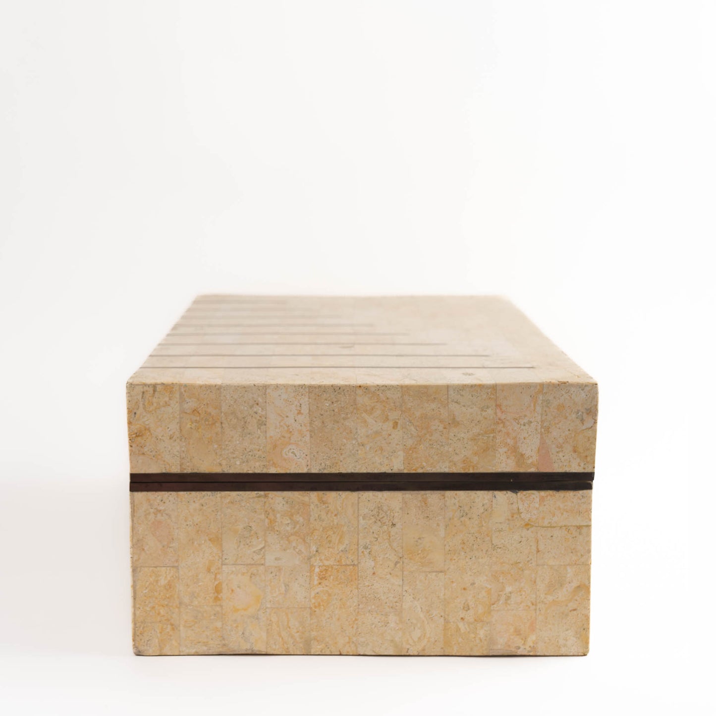 Vintage Maitland Smith tessellated stone jewelry box with brass inlay detailing and hinged lid, showing natural stone pattern and craftsmanship