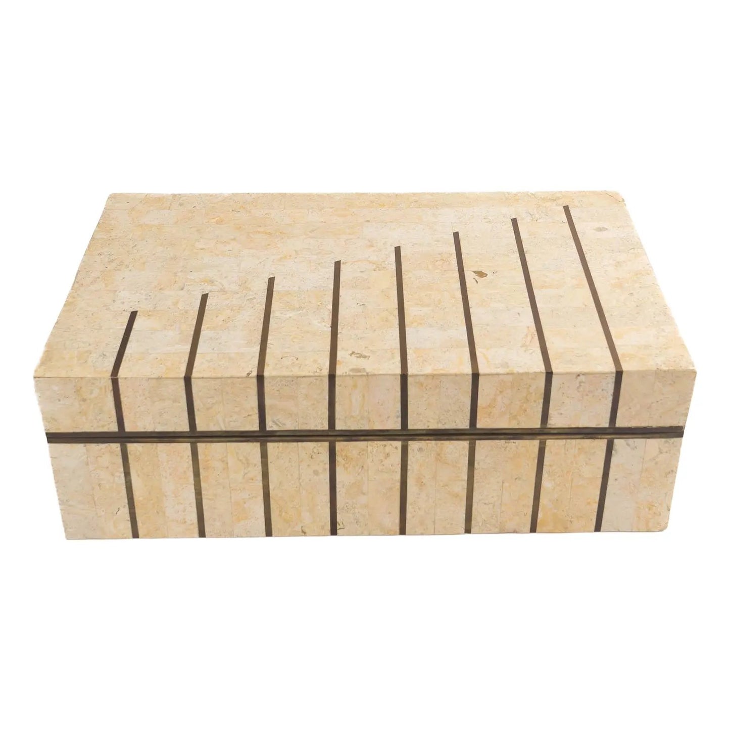 Vintage Maitland Smith tessellated stone jewelry box with brass inlay detailing and hinged lid