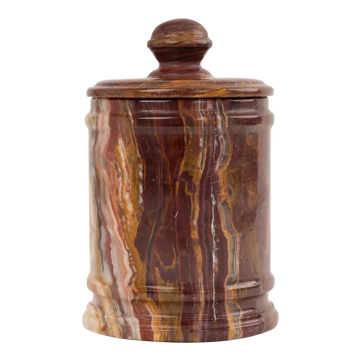 Vintage red onyx stone jar with lid showing rich oxblood and brown natural veining