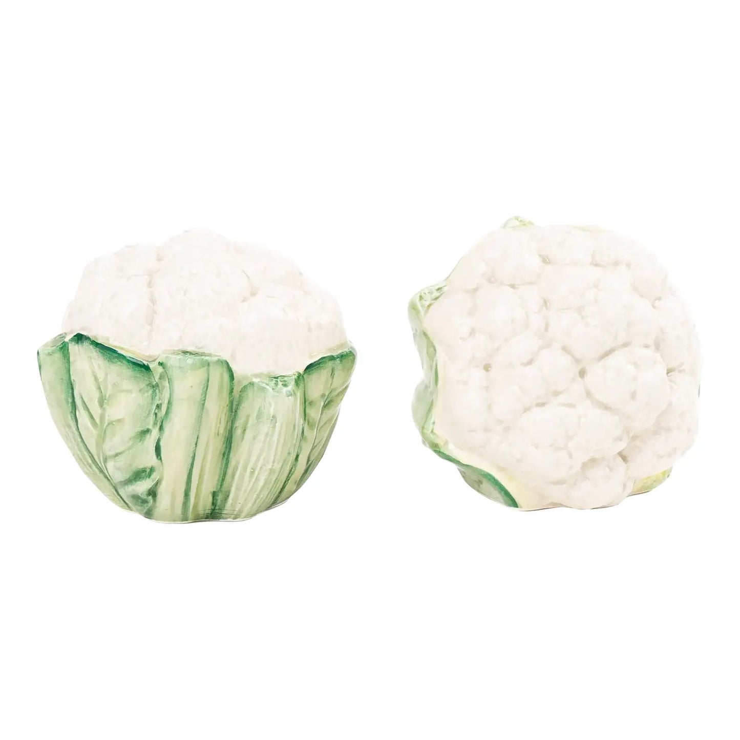 Vintage Fitz and Floyd majolica ceramic cauliflower salt and pepper shakers from 1989, featuring detailed botanical sculpting and lustrous glazed finish
