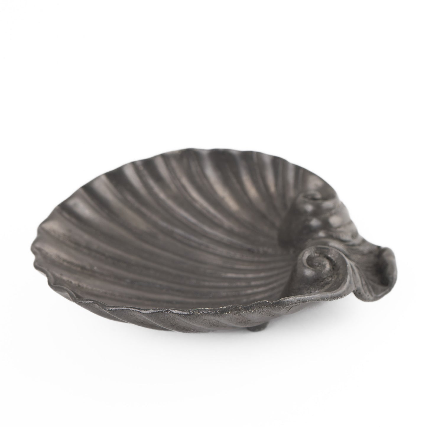 Vintage pewter seashell-shaped catchall dish from 1970s Portugal