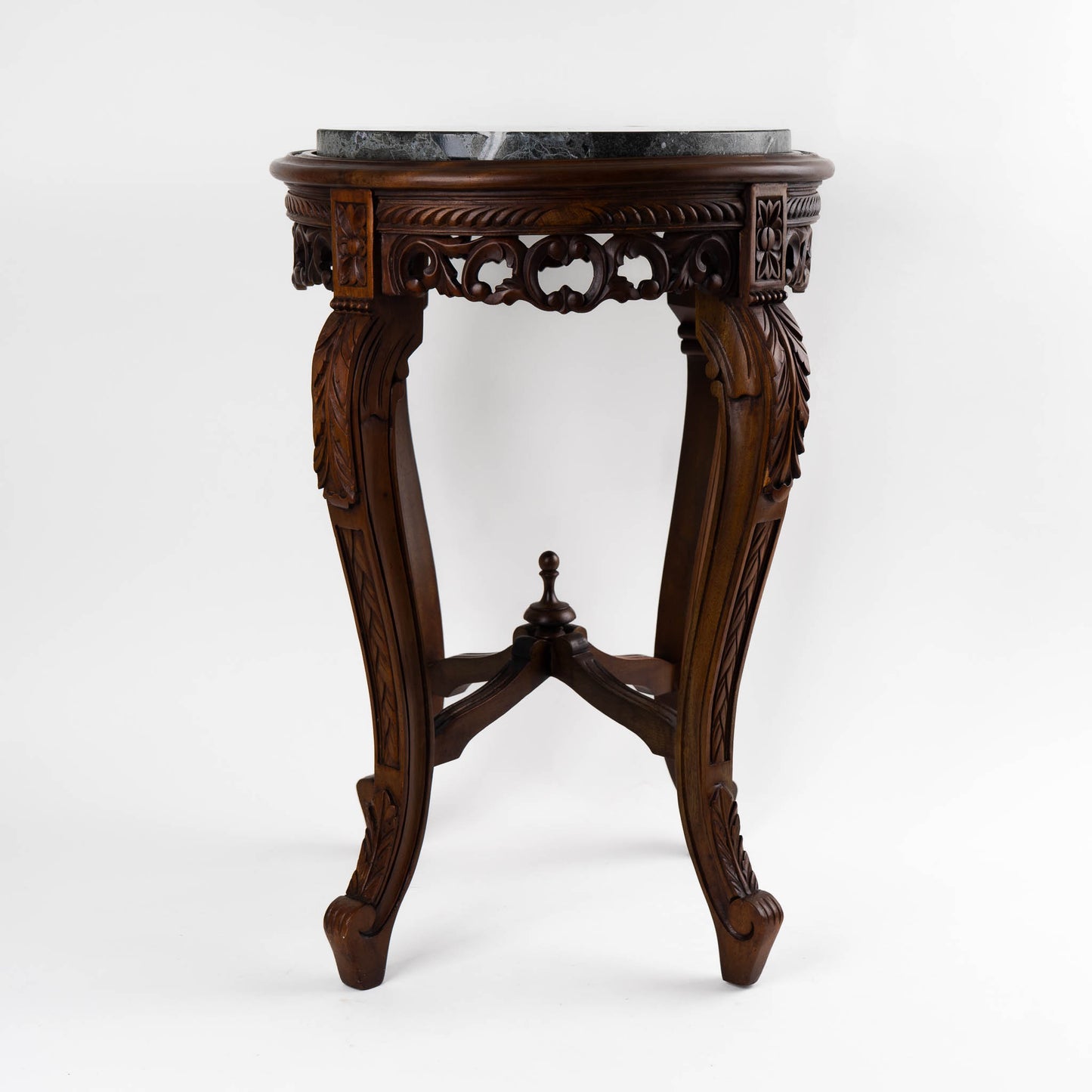 Vintage mahogany wood side table with round dark black and green marble inlay center piece in French antique style