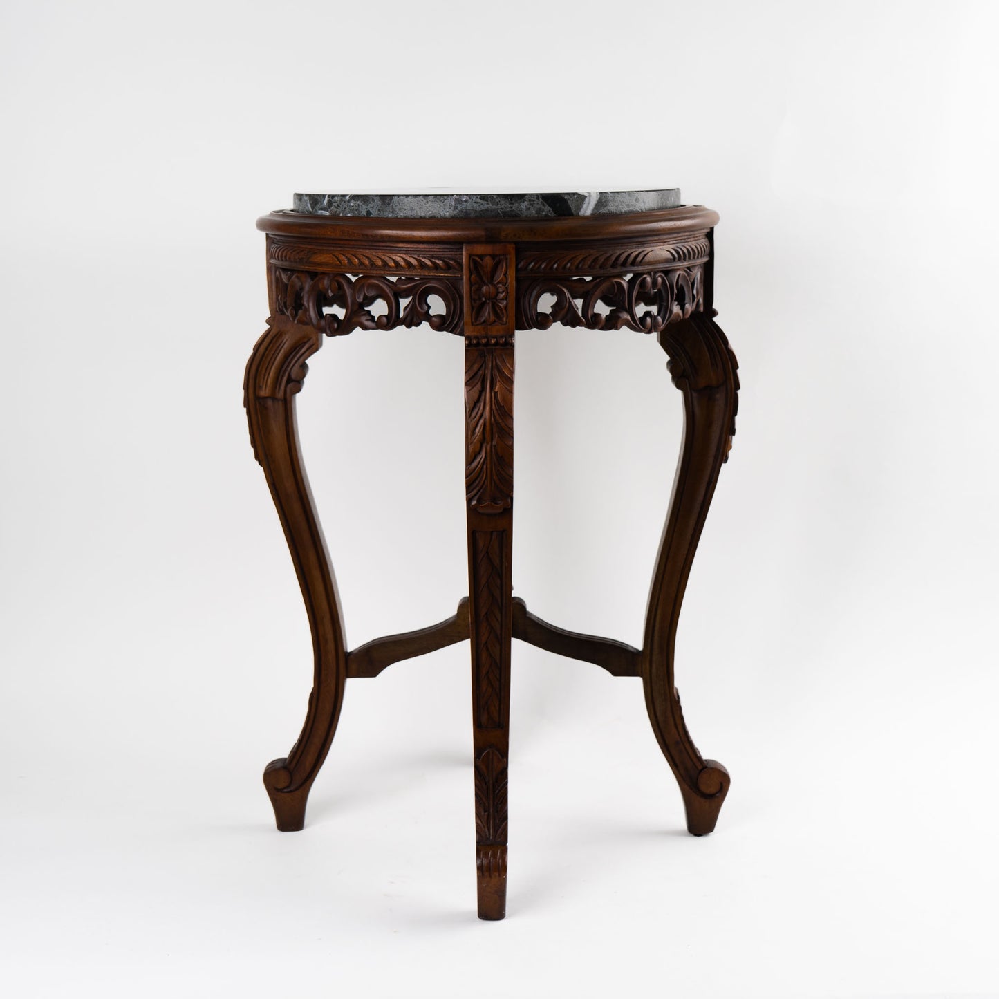 Vintage mahogany wood side table with round dark black and green marble inlay center piece in French antique style