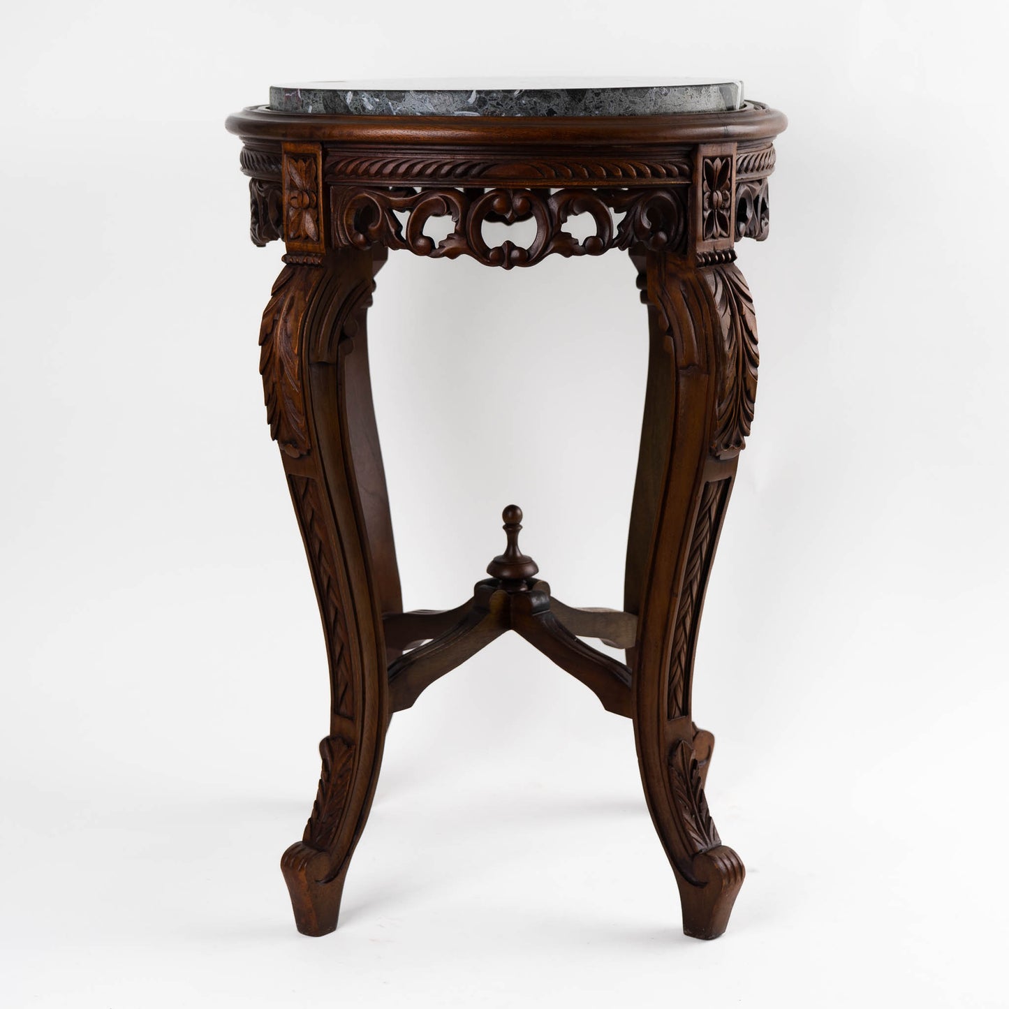 Vintage mahogany wood side table with round dark black and green marble inlay center piece in French antique style