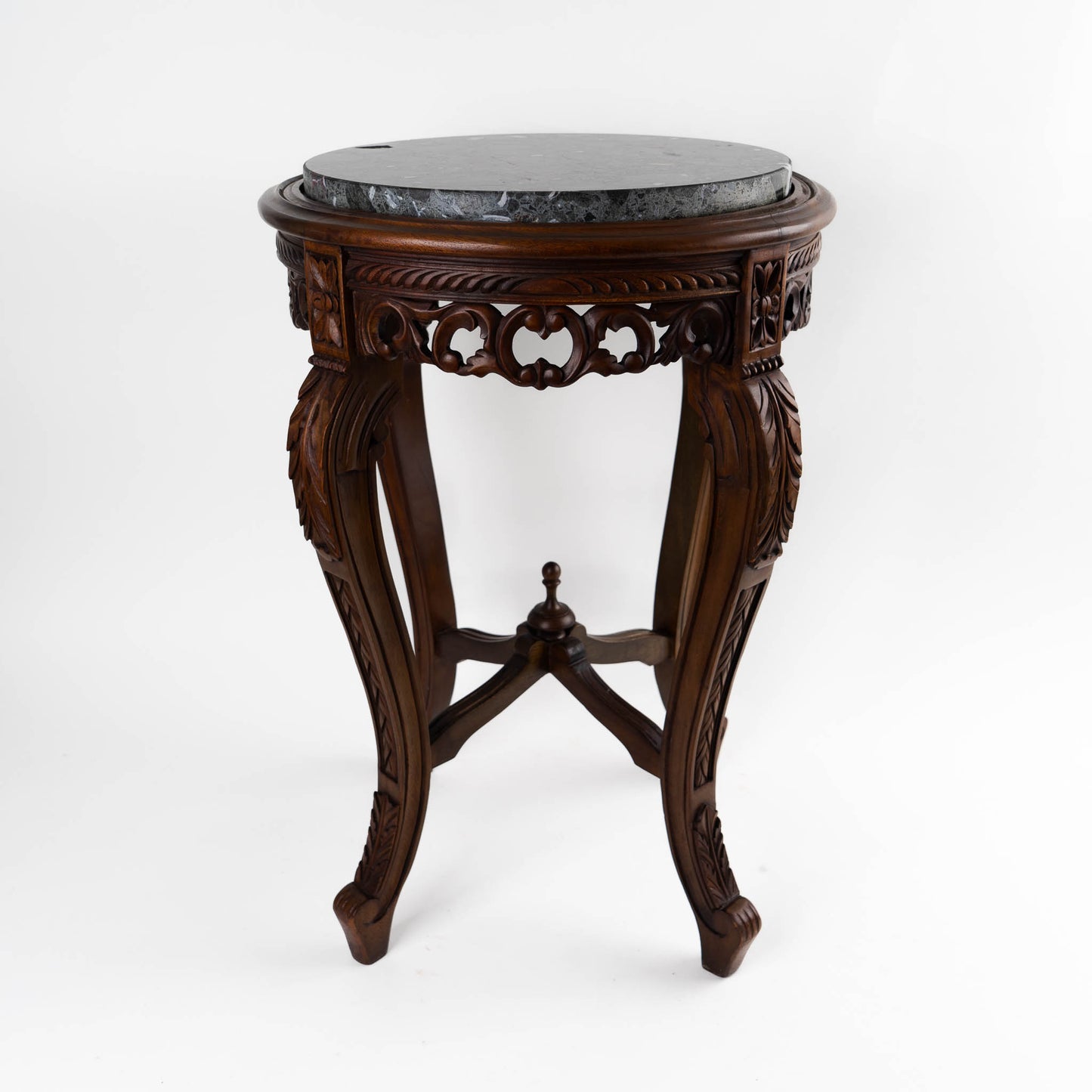 Vintage mahogany wood side table with round dark black and green marble inlay center piece in Victorian French style