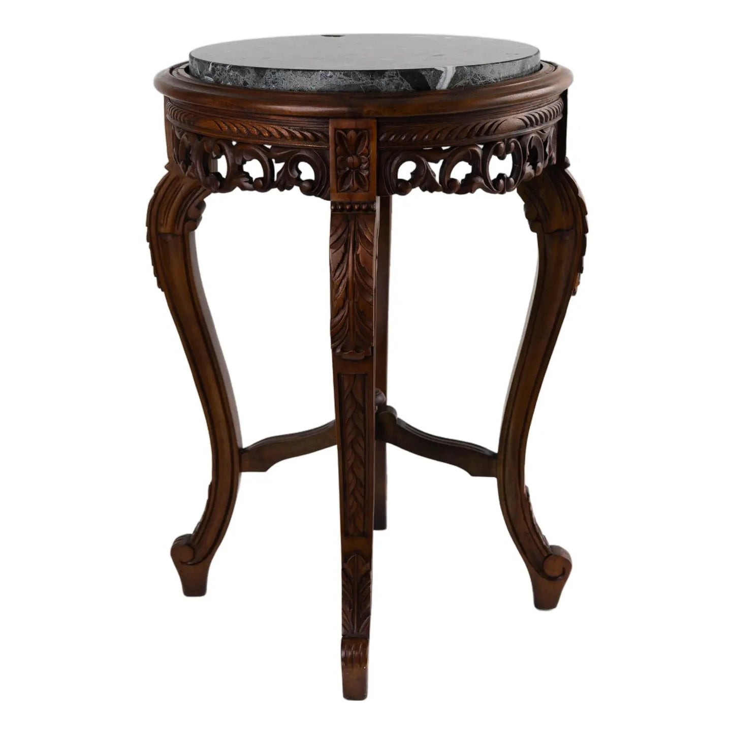 Vintage mahogany wood side table with round dark black and green marble inlay center piece in French antique style