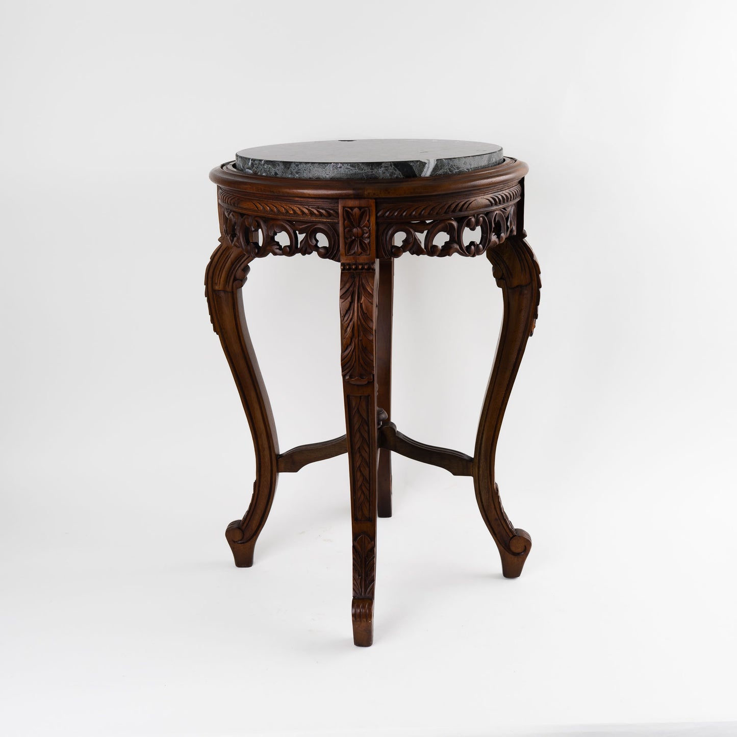 Vintage mahogany wood side table with round dark black and green marble inlay center piece in French antique style