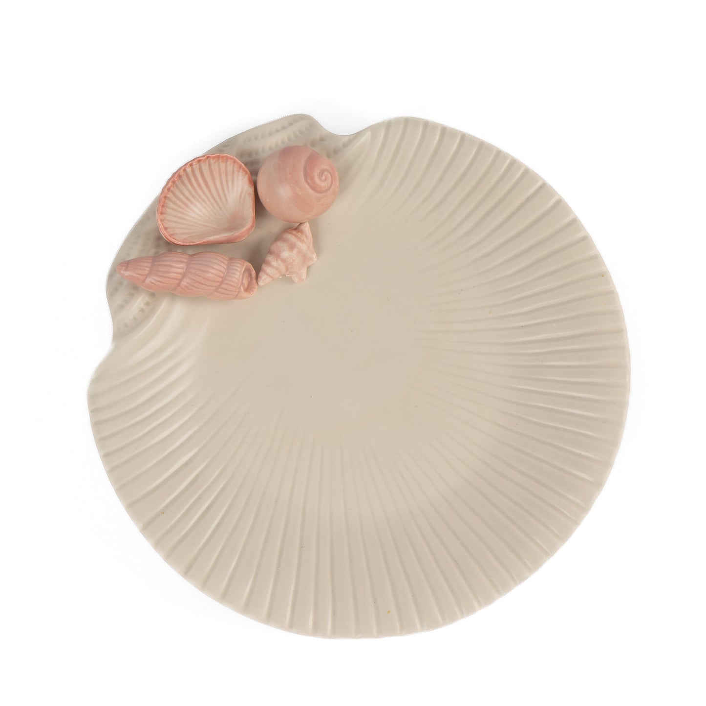 Vintage 1976 Fitz and Floyd ceramic seashell plate in off white with soft pink shell details