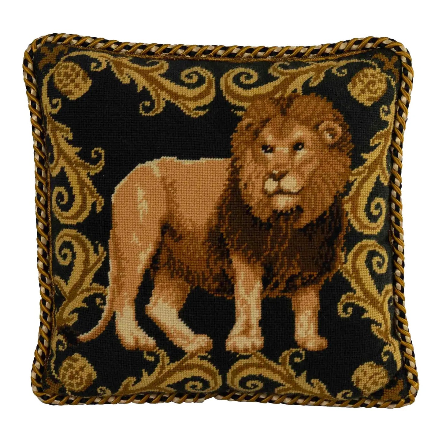 Vintage square needlepoint pillow featuring embroidered lion with decorative scroll border and braided rope piping