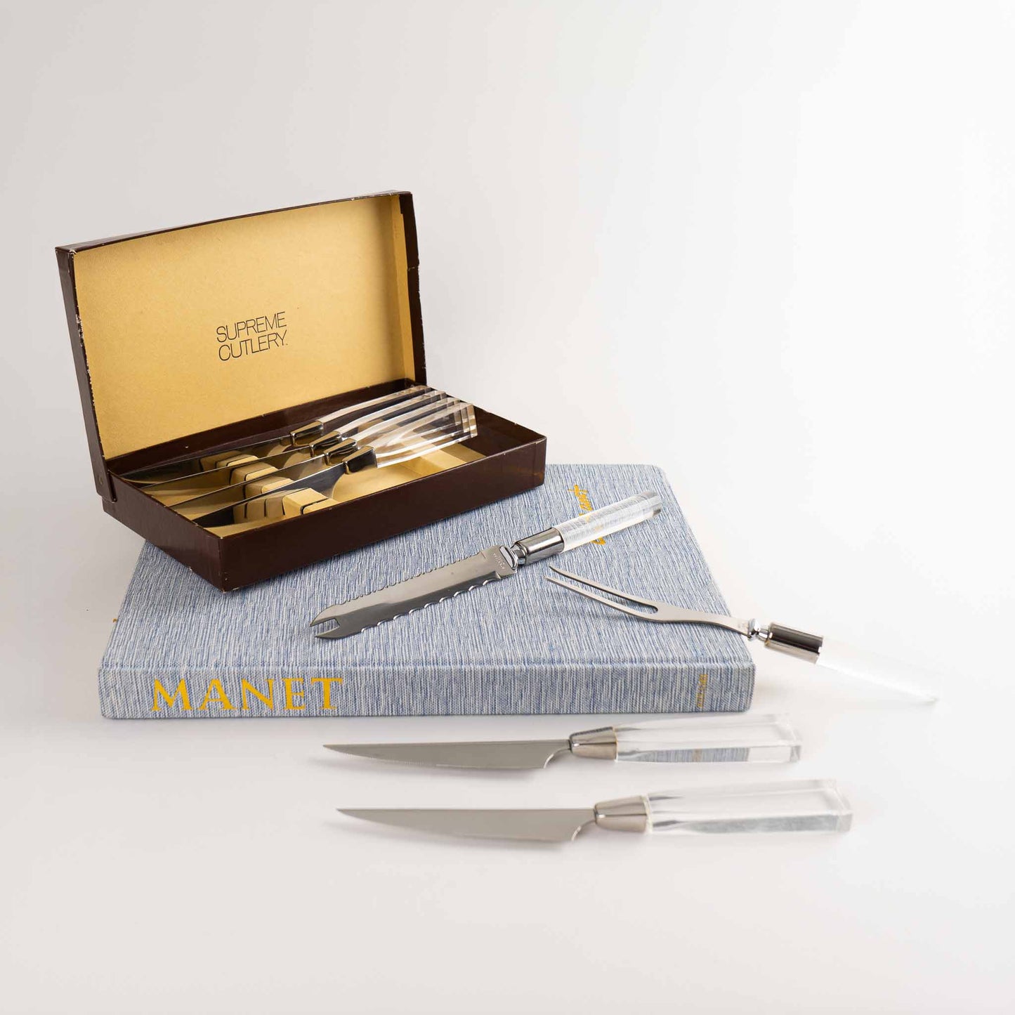 vintage lucite steak knife and carving set by supreme cutlery - 8 pieces