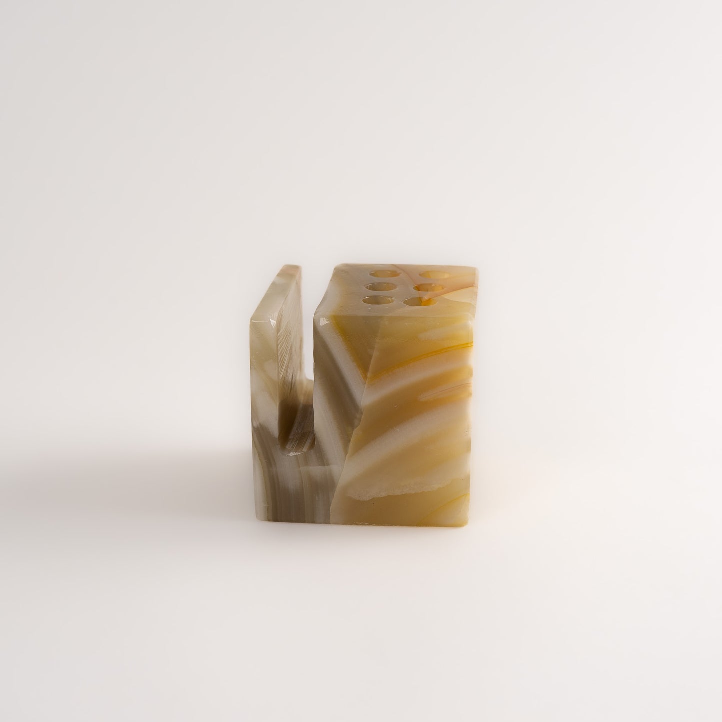 Vintage Tan Onyx Stone Pen Holder Desk Organizer