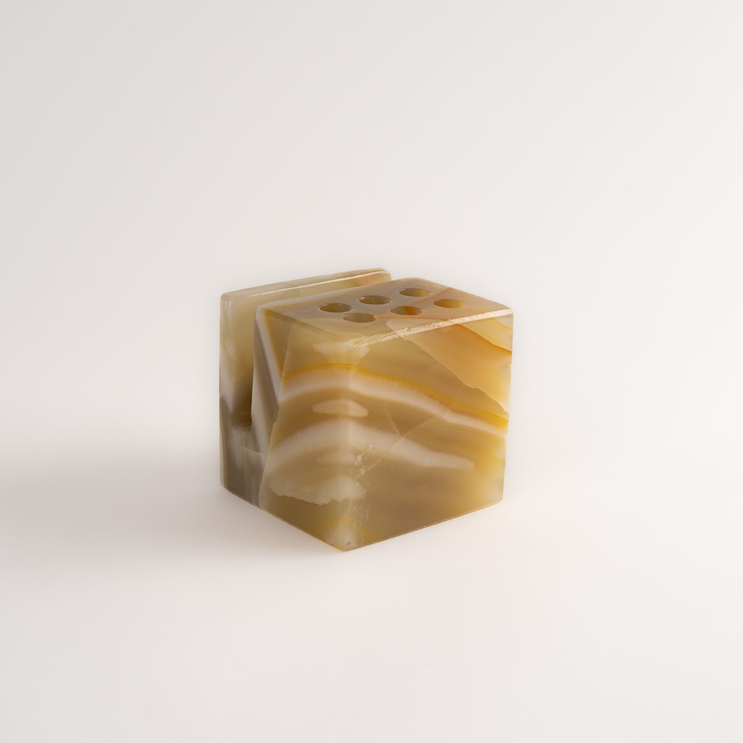 Vintage Tan Onyx Stone Pen Holder Desk Organizer
