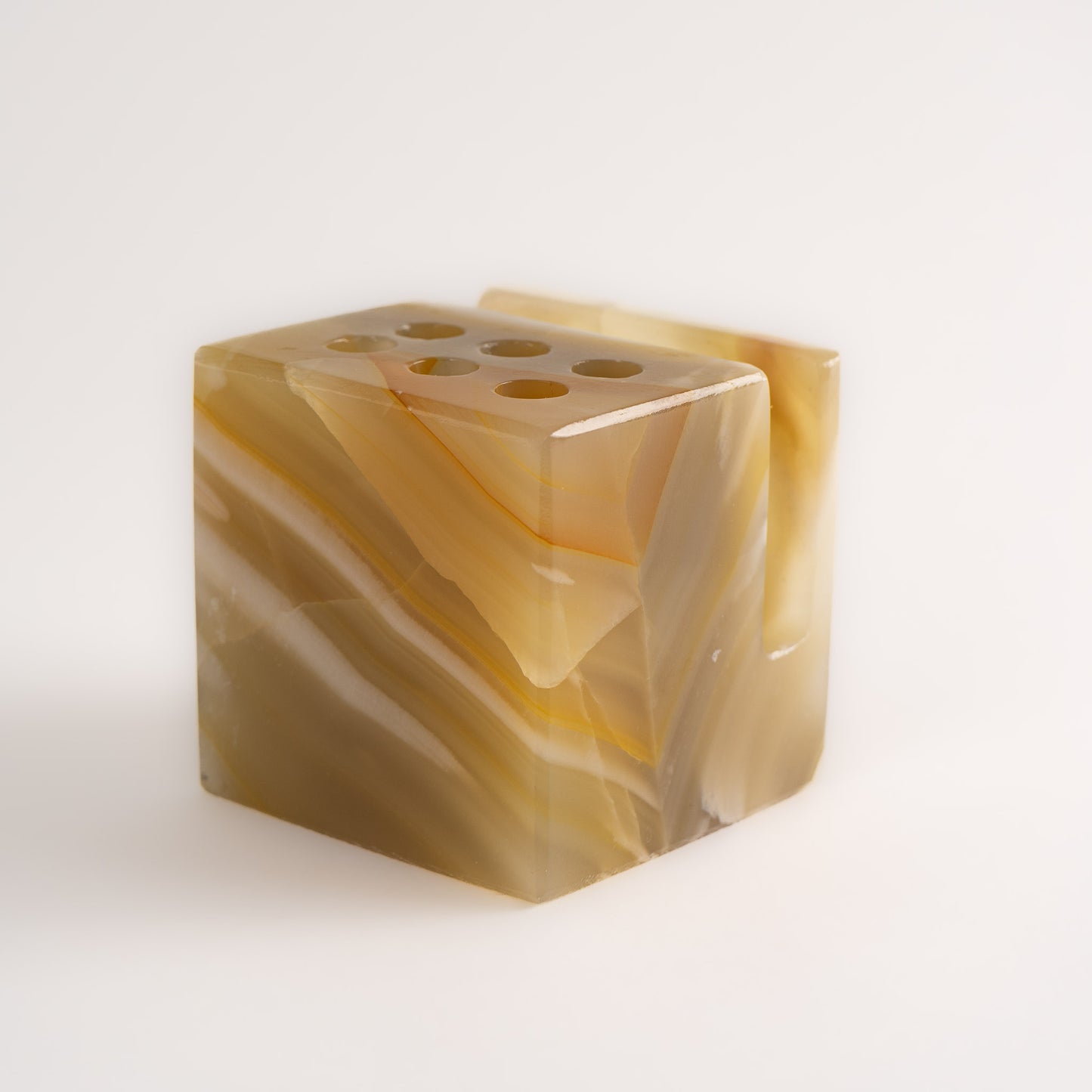 Vintage Tan Onyx Stone Pen Holder Desk Organizer