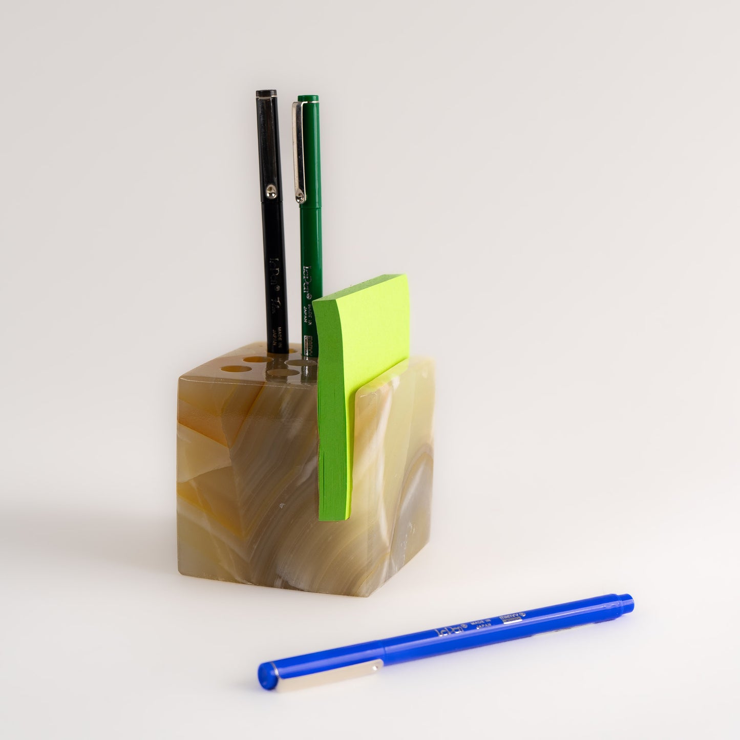 Vintage Tan Onyx Stone Pen Holder Desk Organizer