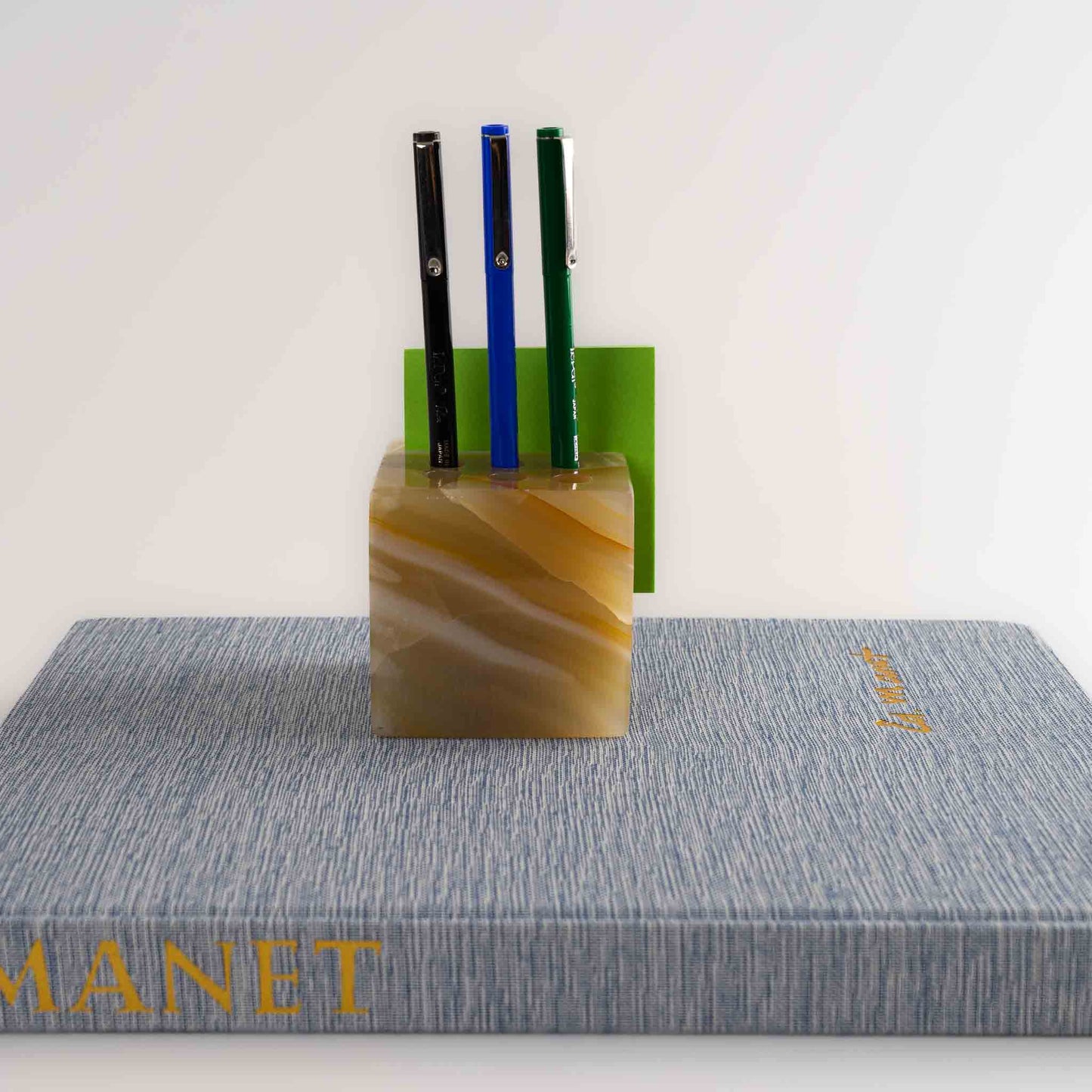 Vintage Tan Onyx Stone Pen Holder Desk Organizer