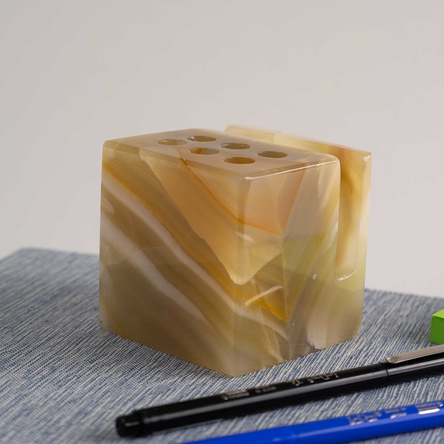 Vintage Tan Onyx Stone Pen Holder Desk Organizer
