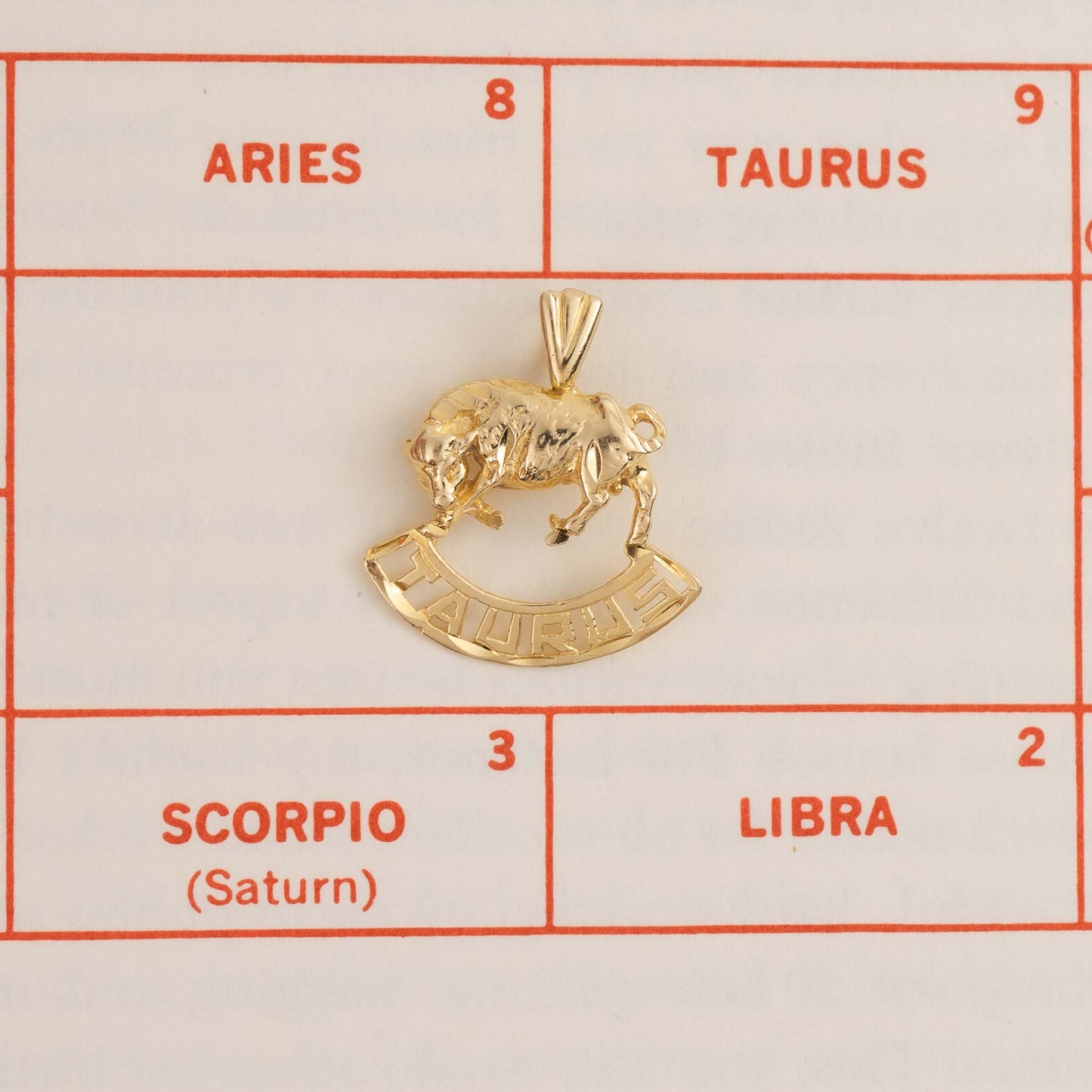 Vintage 14k yellow gold Taurus zodiac pendant with 3D bull design and Taurus text