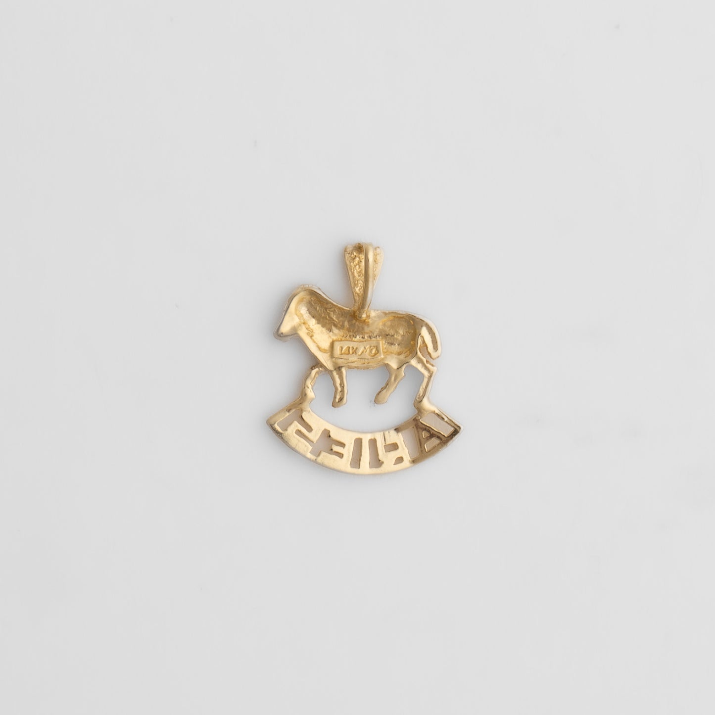 Vintage 14k yellow gold Aries pendant with 3D ram design and Aries text, showing front and back with 14K hallmark