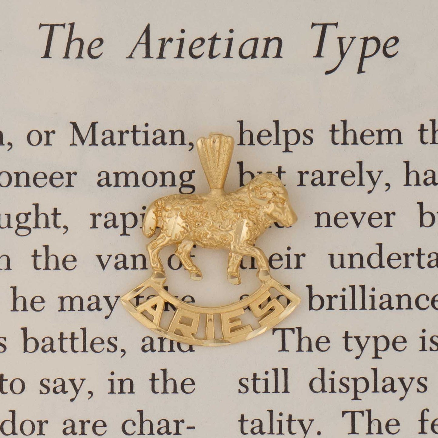 Vintage 14k yellow gold Aries charm with 3D ram design and Aries text