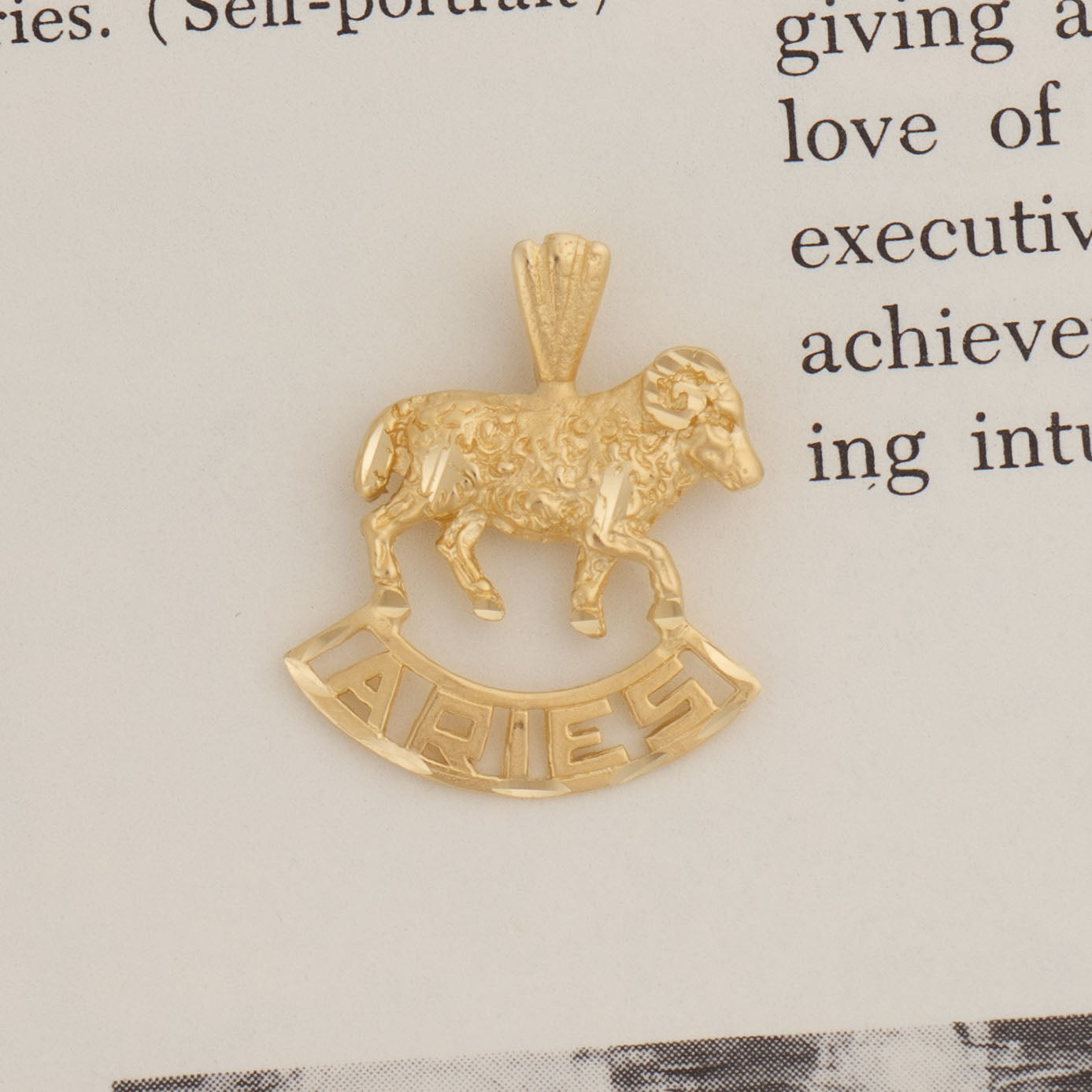 Vintage 14k yellow gold Aries pendant with 3D ram design and Aries text
