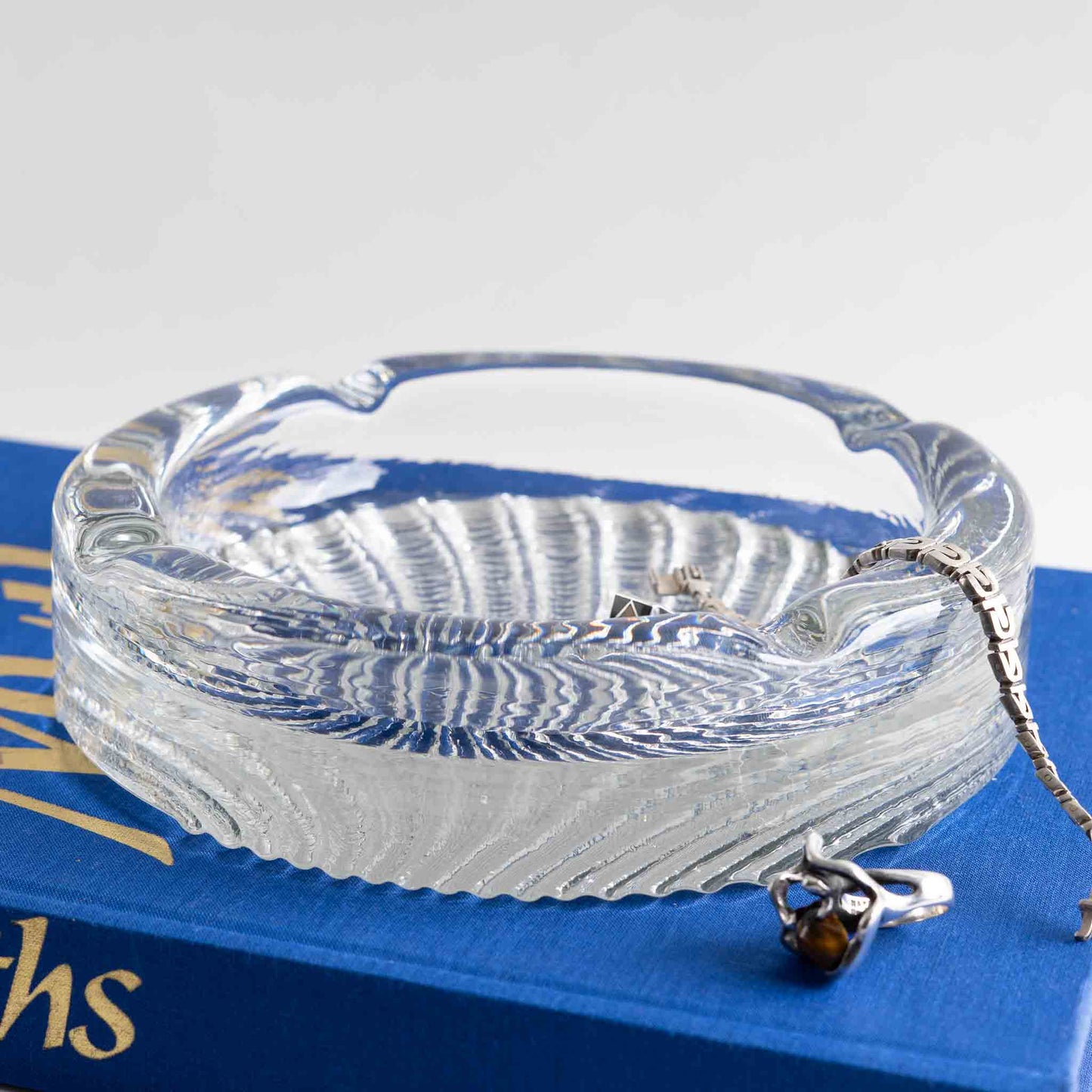 Vintage Shell Glass Ashtray Catchall with silver jewelry