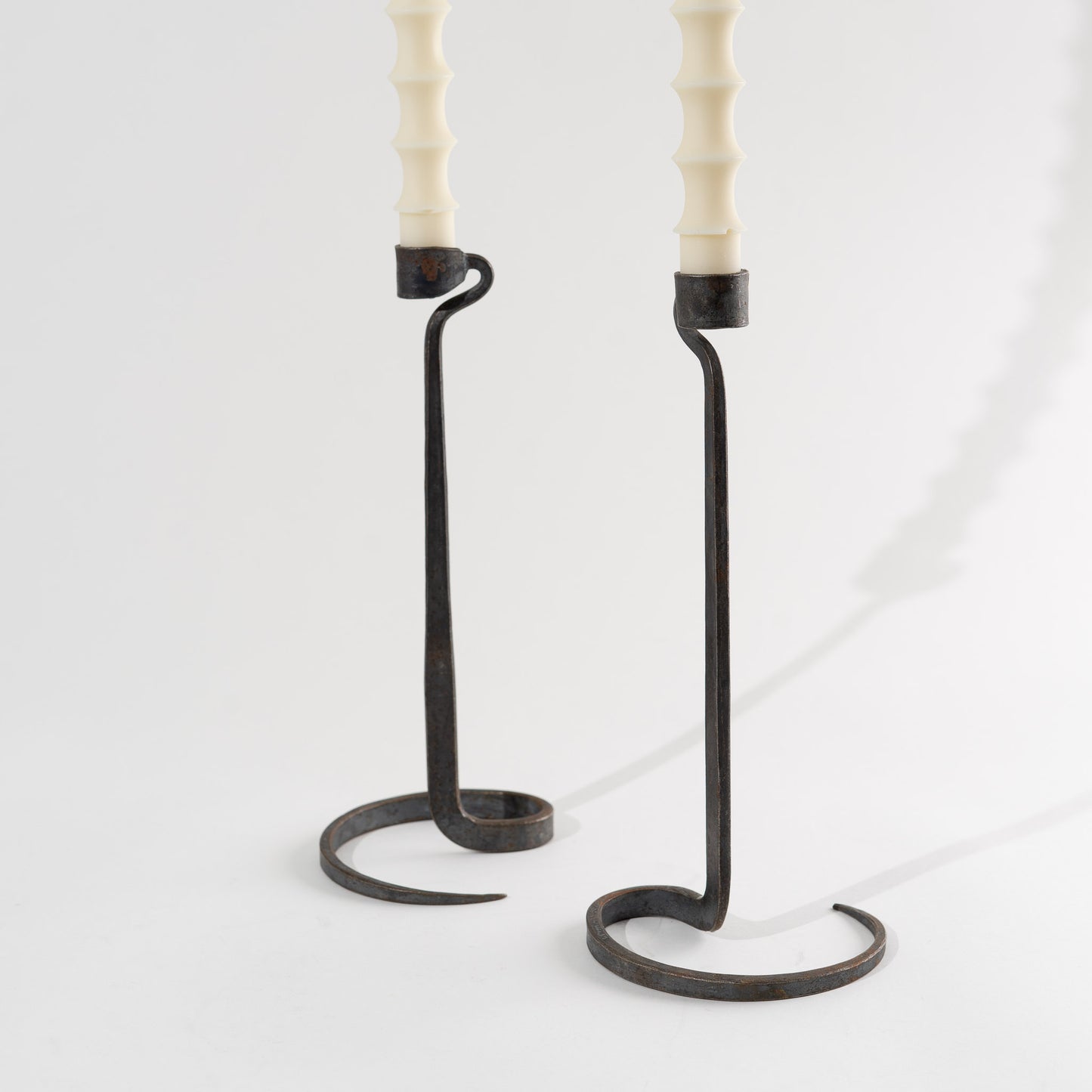 Brutalist Hand Forged Wrought Iron Spiral Candle Stick Holders with white candles