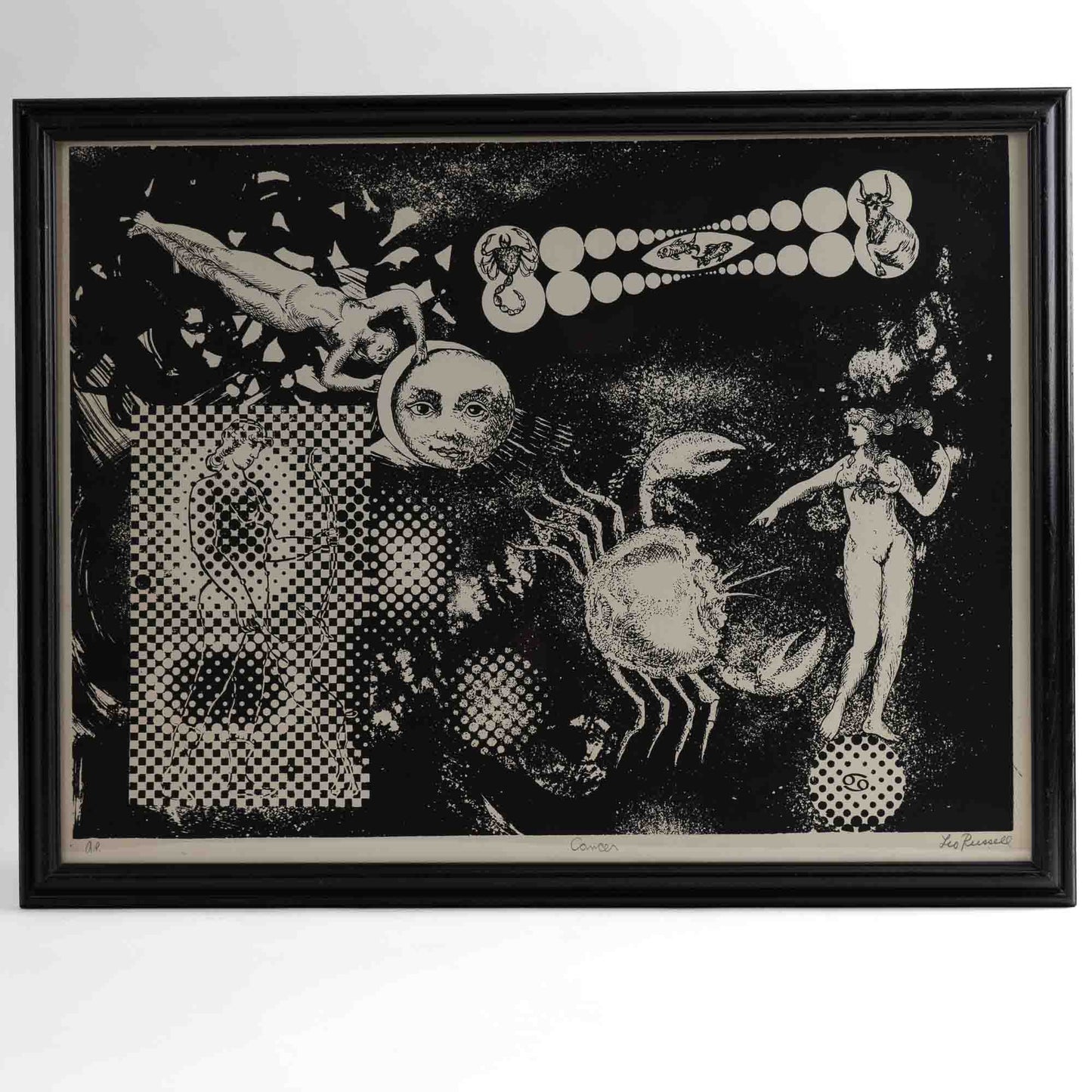 Vintage Leo Russell signed artist proof lithograph of Cancer zodiac sign in black on off-white background