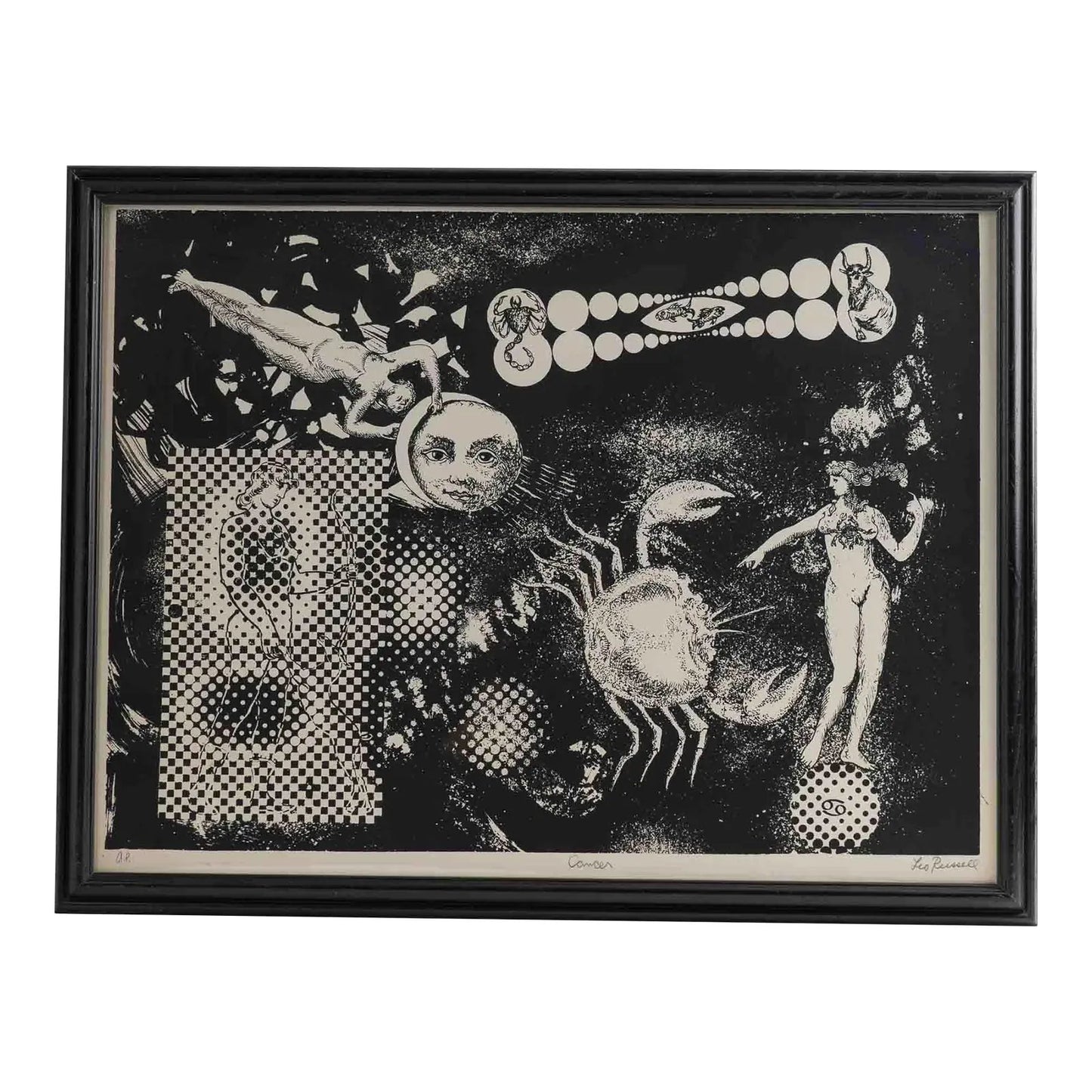 Vintage Leo Russell signed artist proof lithograph of Cancer zodiac sign in black on off-white background