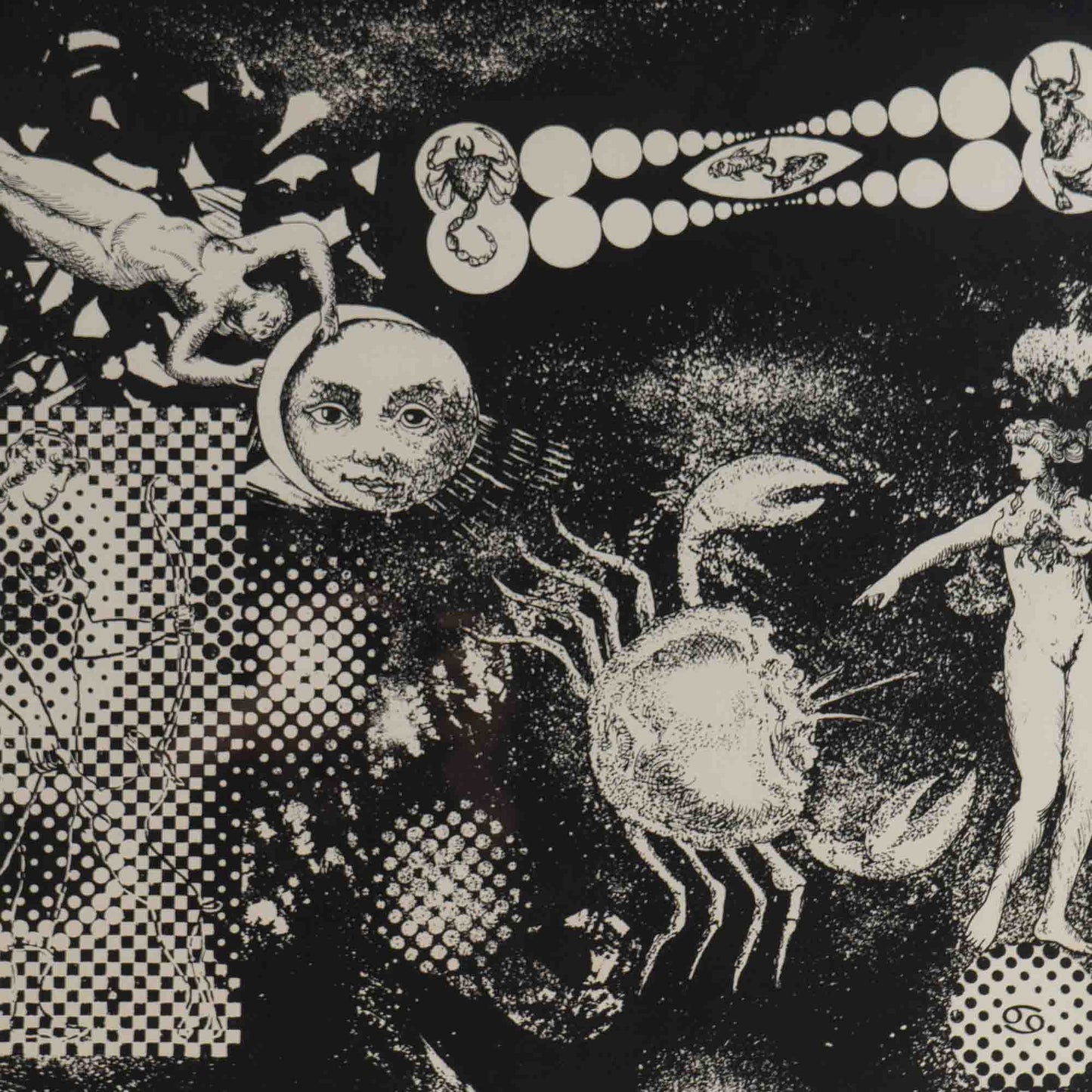 Vintage Leo Russell signed artist proof lithograph of Cancer zodiac sign in black on off-white background