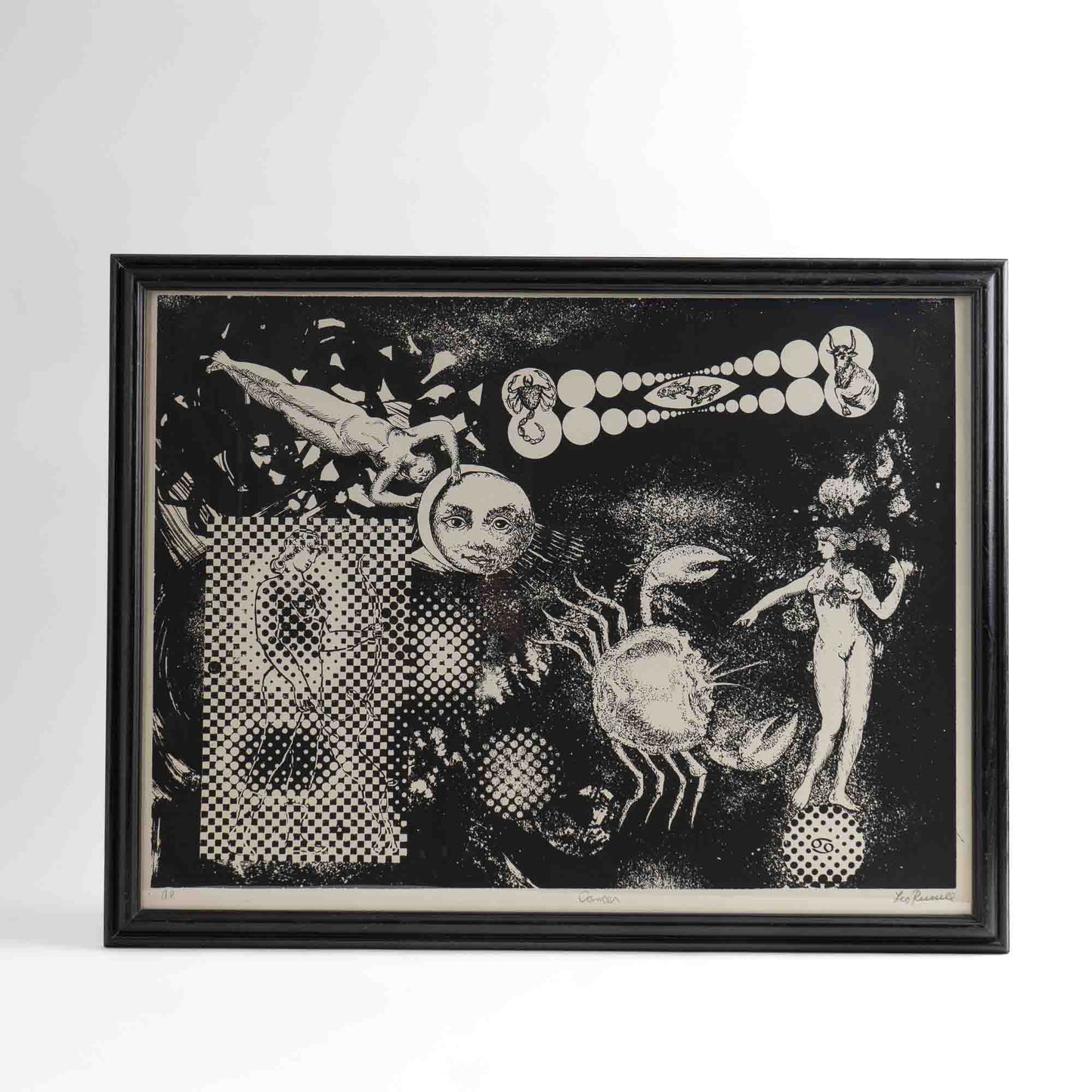 Vintage Leo Russell signed artist proof lithograph of Cancer zodiac sign in black on off-white background