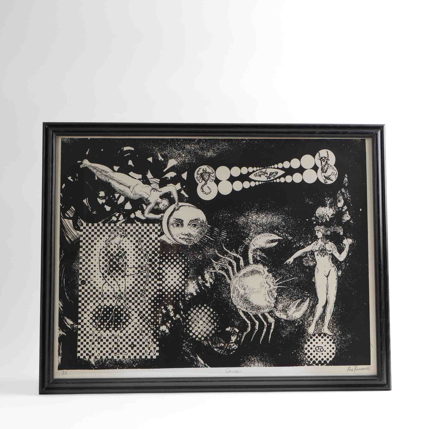 Vintage Leo Russell signed artist proof lithograph of Cancer zodiac sign in black on off-white background