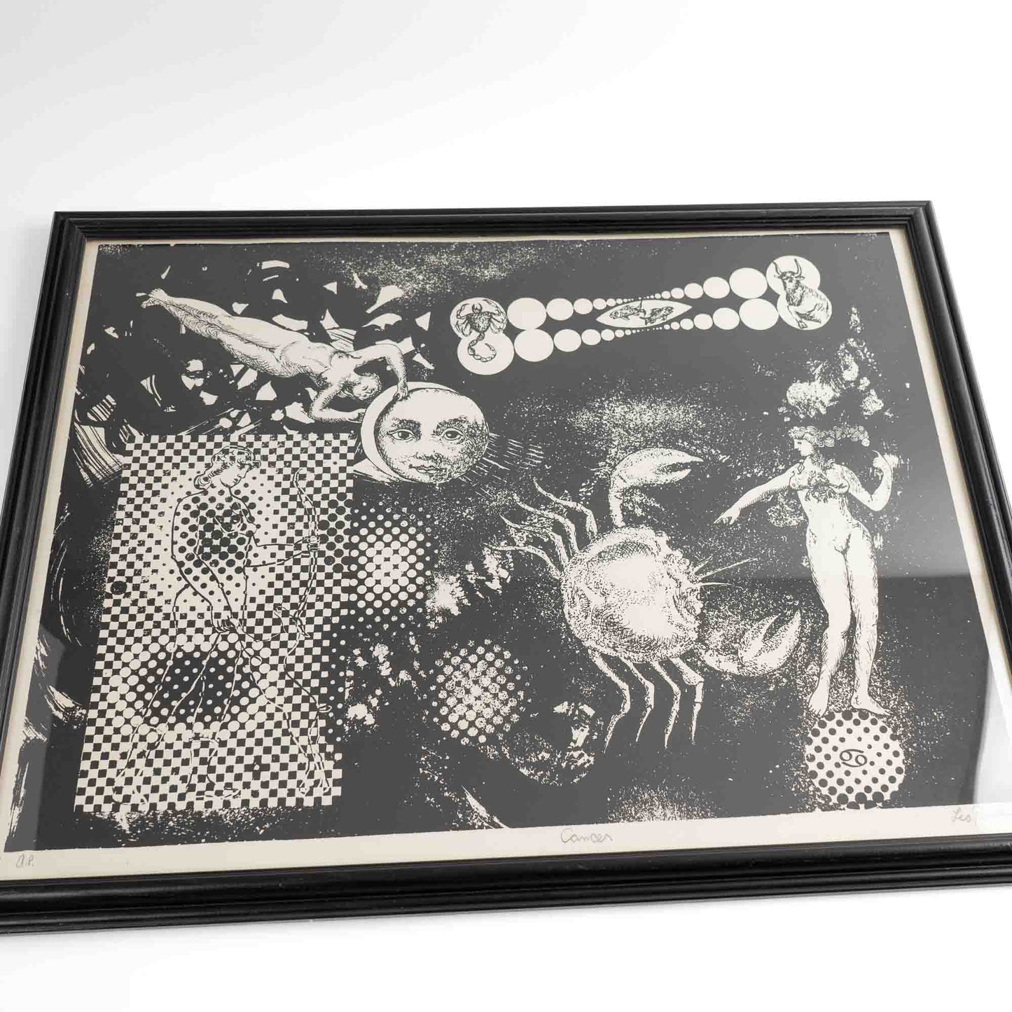 Vintage Leo Russell signed artist proof lithograph of Cancer zodiac sign in black on off-white background
