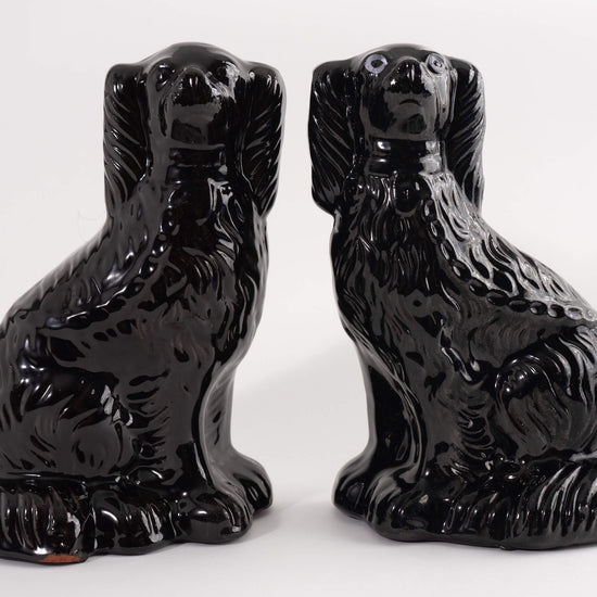 19th Century Antique Victorian Black Glaze Jackfield Spaniels Staffordshire Dogs - Made in England - Unique Eyes