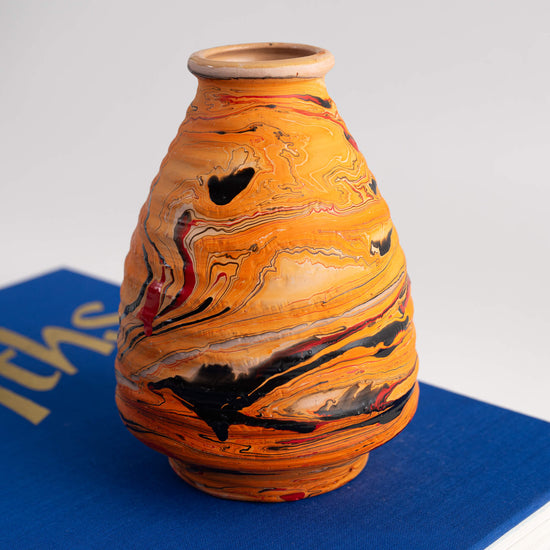 Vintage Ribbed Nemadji Vase, Orange Red Swirls