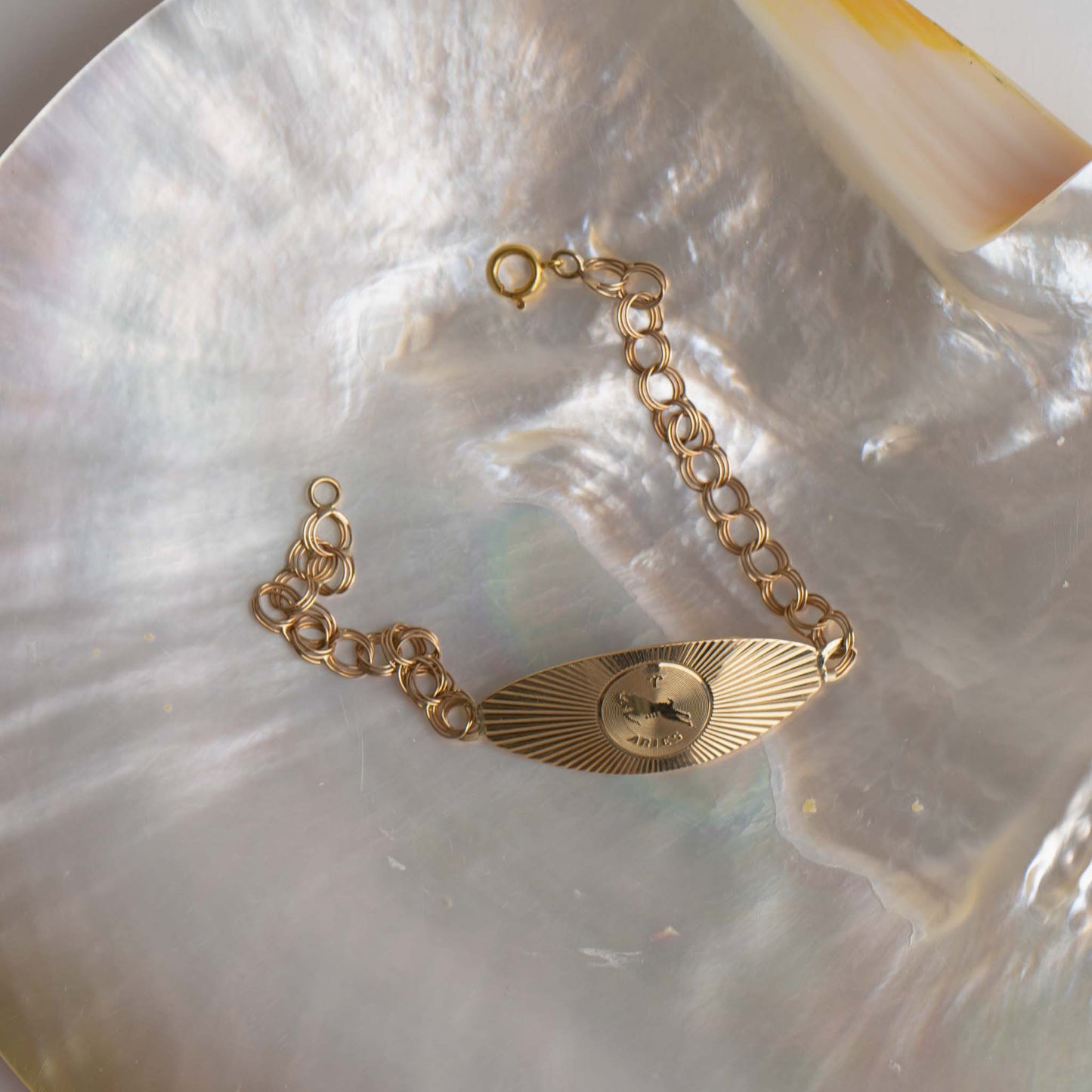 zodiac aries 14k gold medallion bracelet - ram design with sign astrology symbol