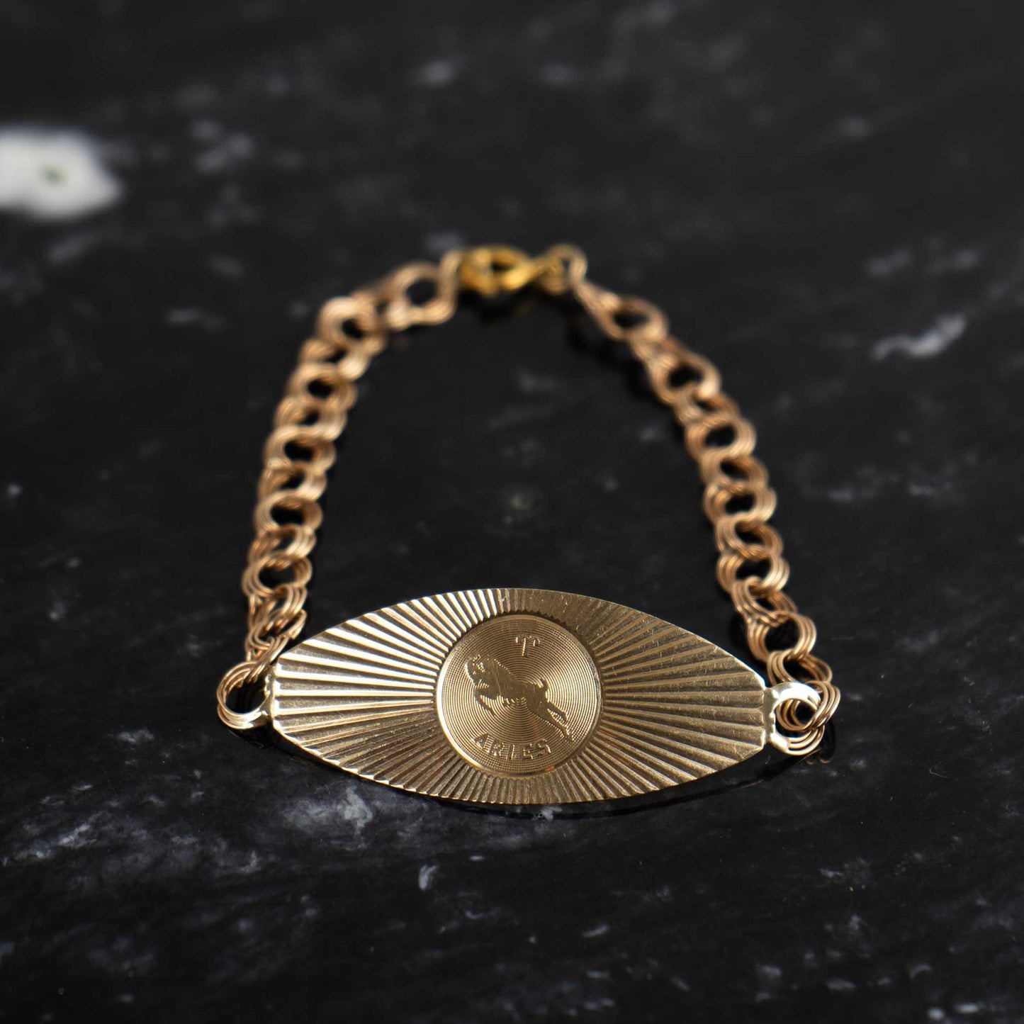 zodiac aries 14k gold medallion bracelet - ram design with sign astrology symbol