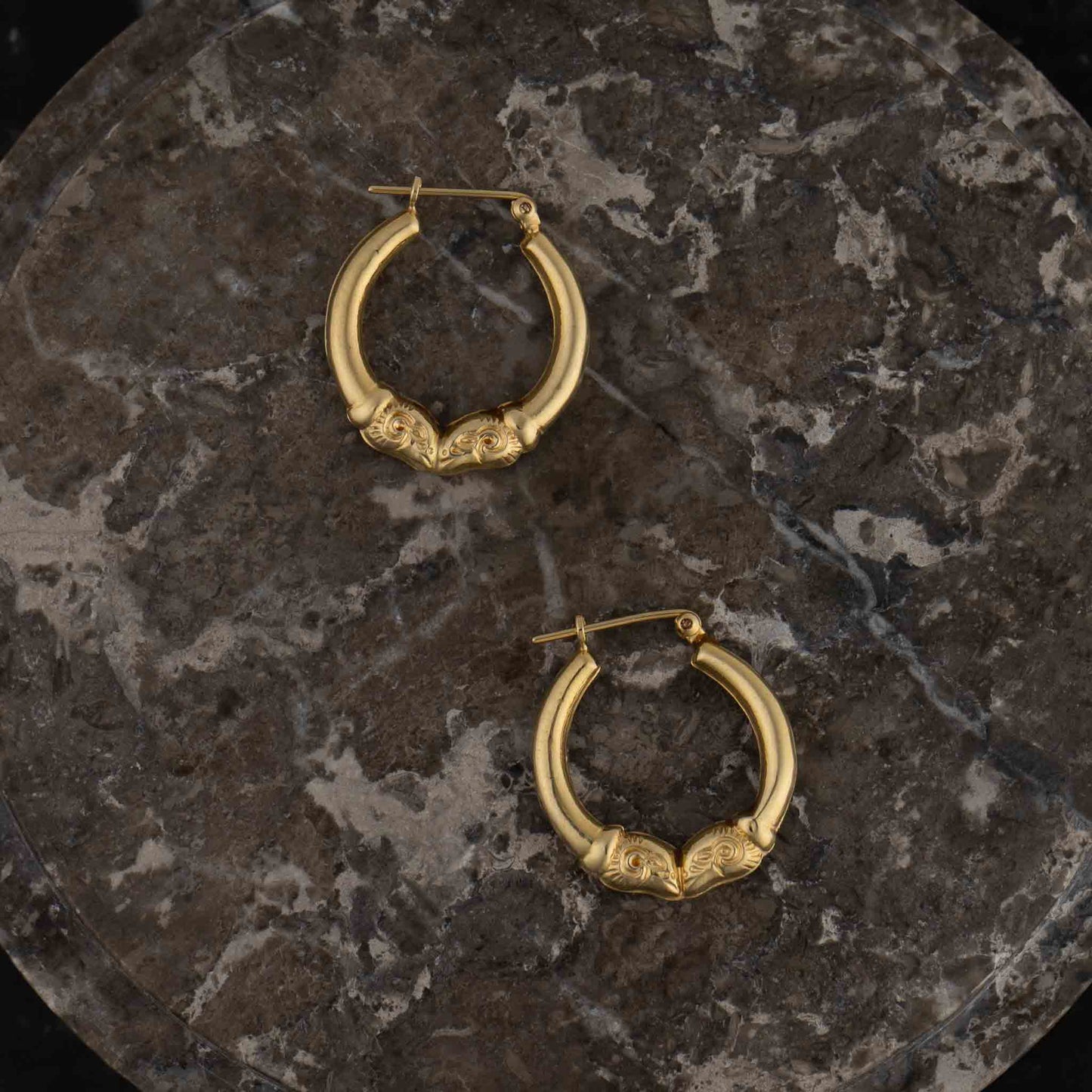 vintage 14k gold ram's head hoop earrings