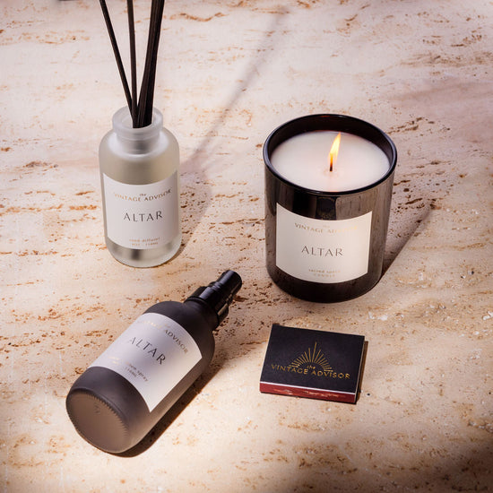 Altar Sacred Space Candle, Reed Diffuser and Room Spray Notes: mandarin, pink pepper, jasmine, amber, labdanum